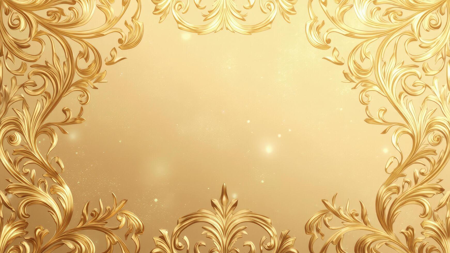 Elegant golden ornamental frame design featuring luxurious floral swirls and sparkling accents against a textured backdrop. photo