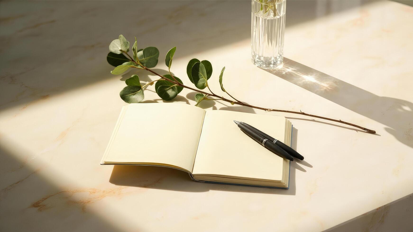 Blank notebook with pen and eucalyptus branch on a brightly lit surface for creative writing photo