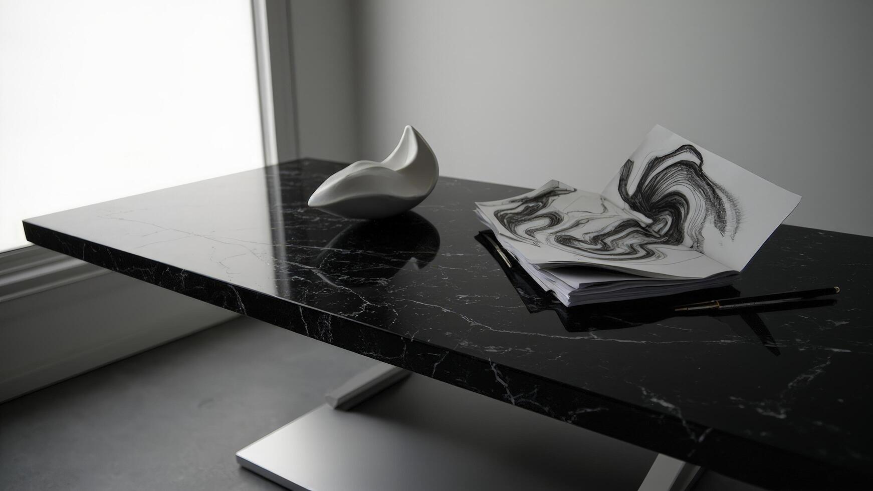 Modern minimalist table setting with marble surface and abstract artwork for interior design photo