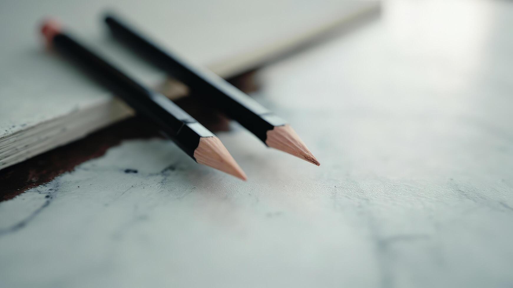 Two black pencils resting on a notebook with a soft focus artistic and creative composition. photo