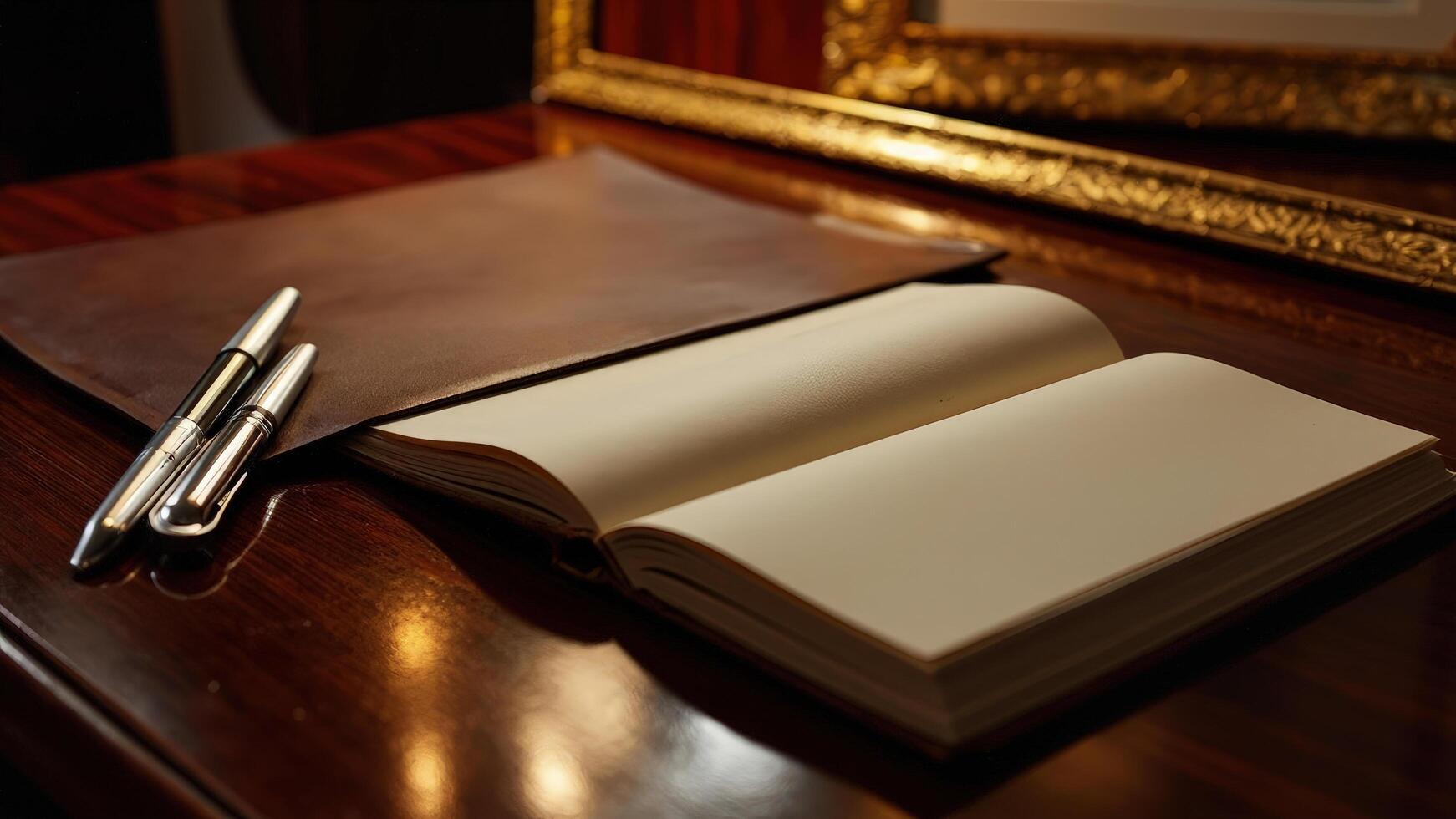 Luxury notebook and pen displayed on a polished wooden tabletop with golden frame details photo