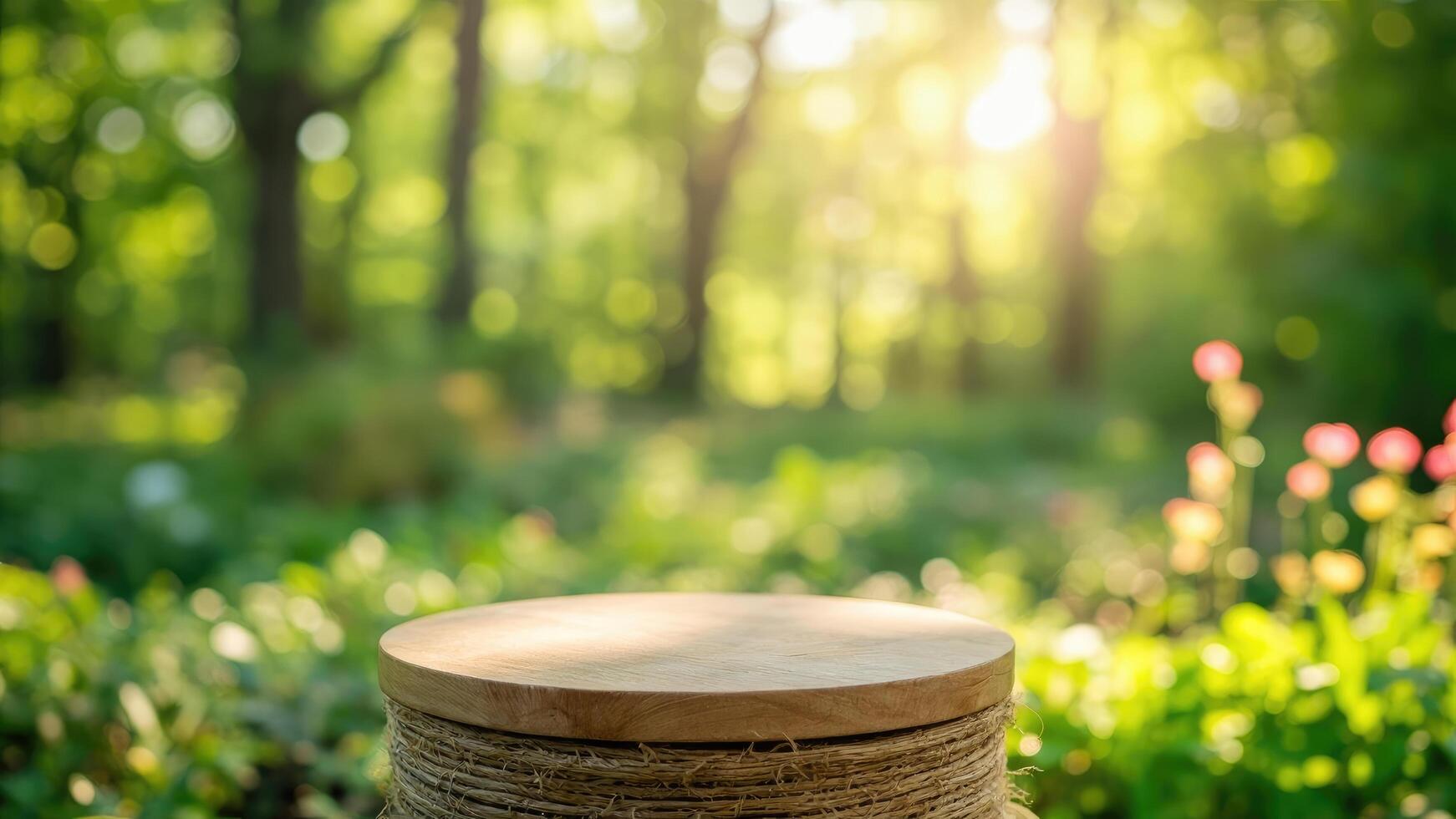Rustic wooden podium display in a lush green garden setting with soft bokeh background photo