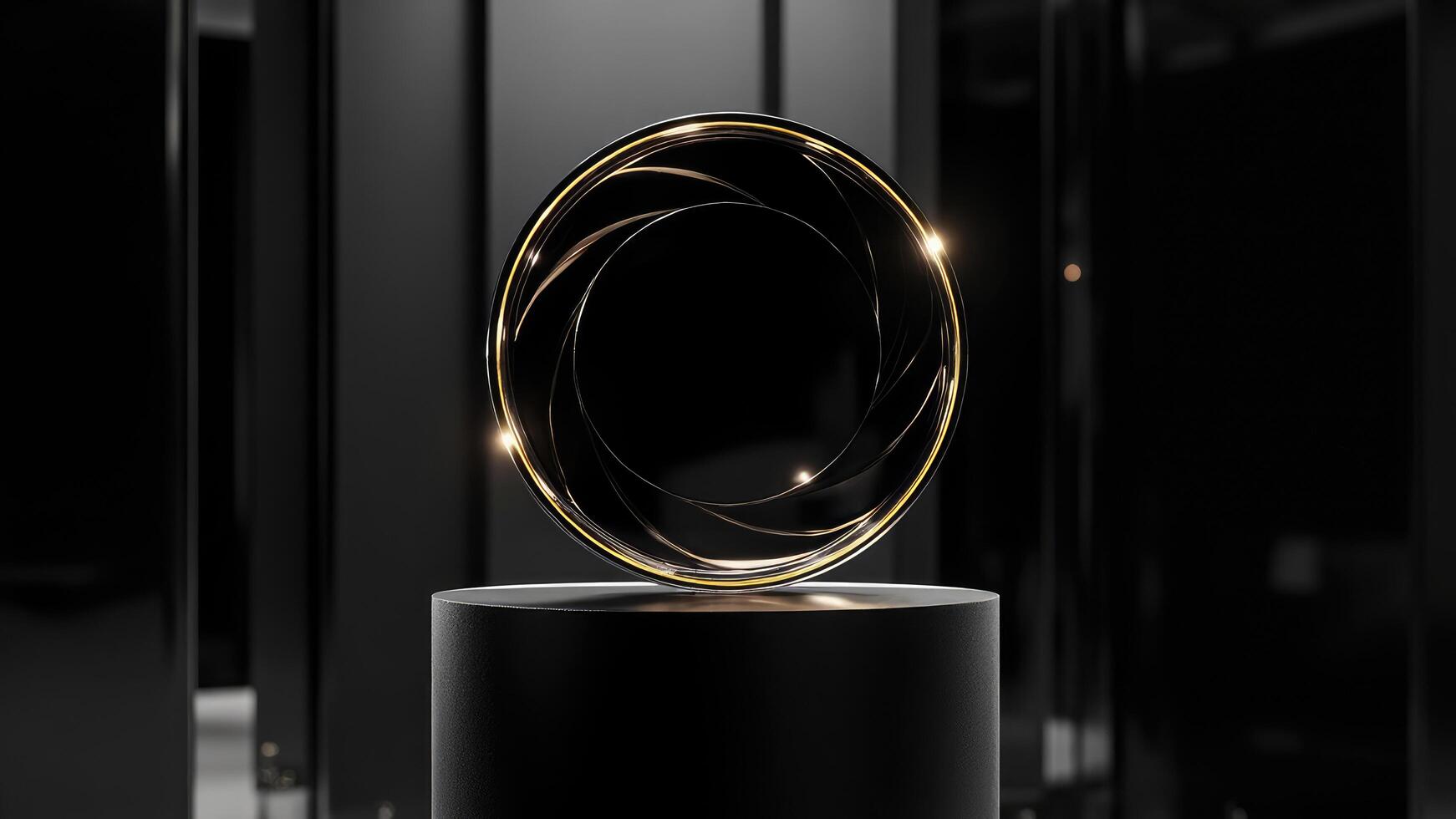 Abstract design with aperture and golden accents on a black pedestal with high glossy background photo