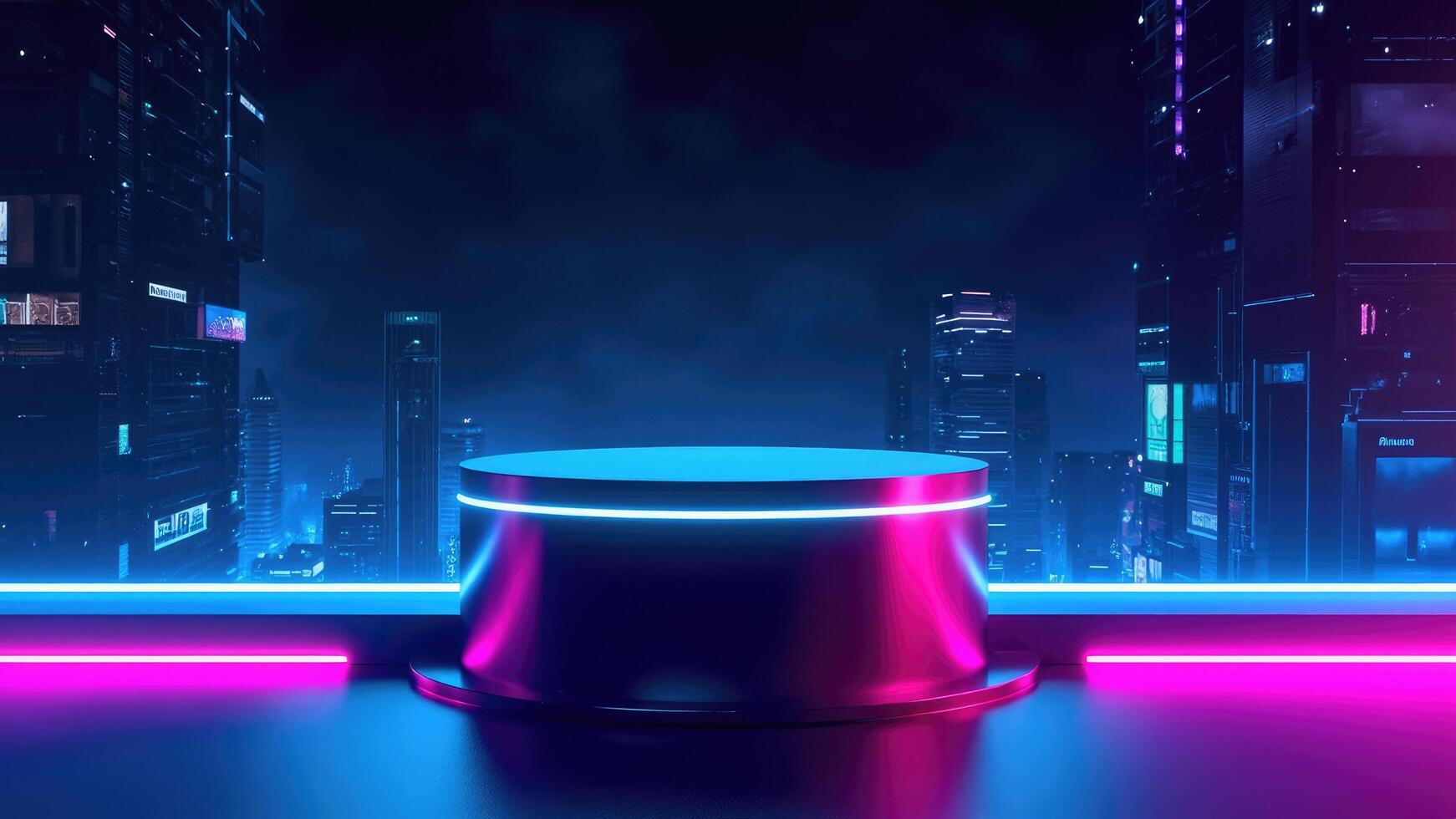 Futuristic stage platform with neon lighting and a cyberpunk cityscape background for product presentation or display photo