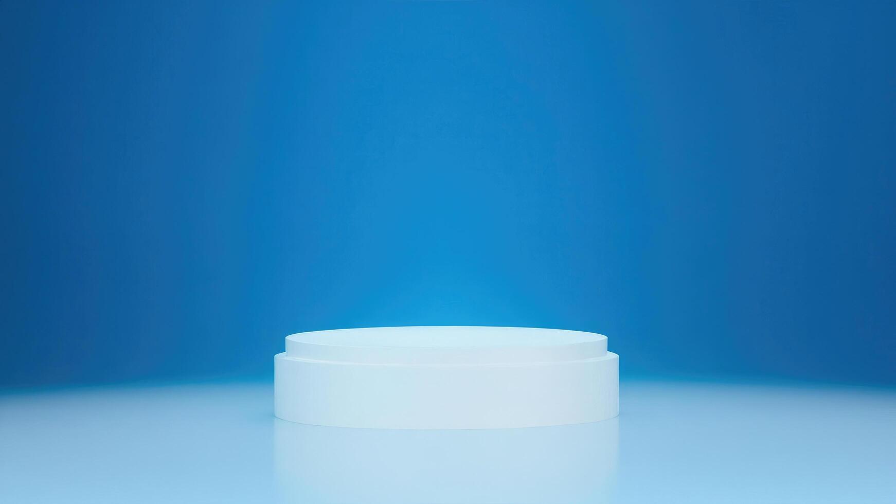 White cylindrical product display podium against a vibrant blue background for presentation and showcase photo