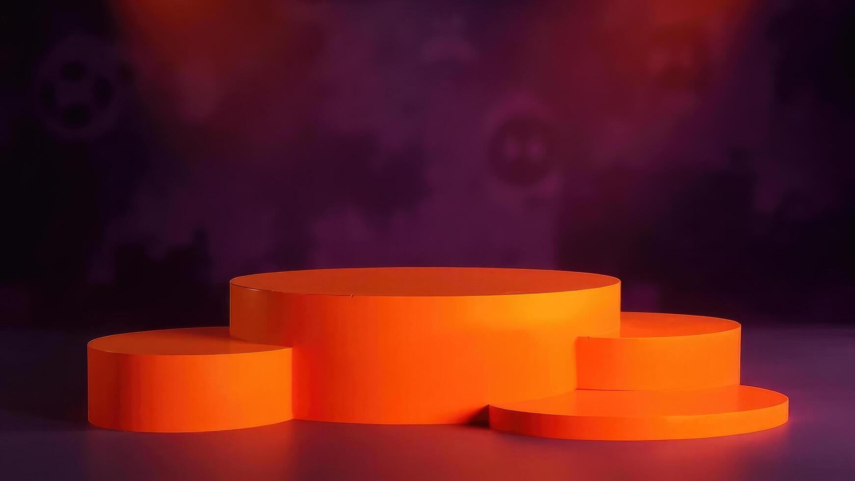 Rendered orange display podium stage for product showcase with futuristic violet and purple background 3d illustration photo