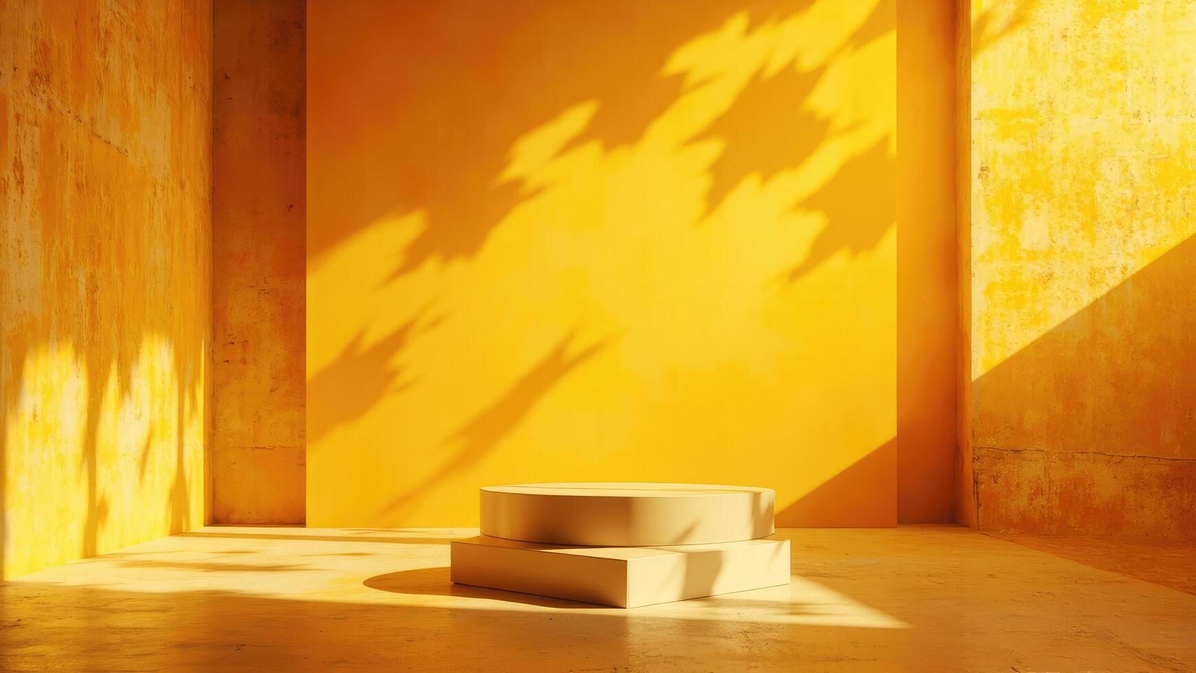 Abstract 3d rendered yellow room with geometric podium and leaf shadow for product display photo