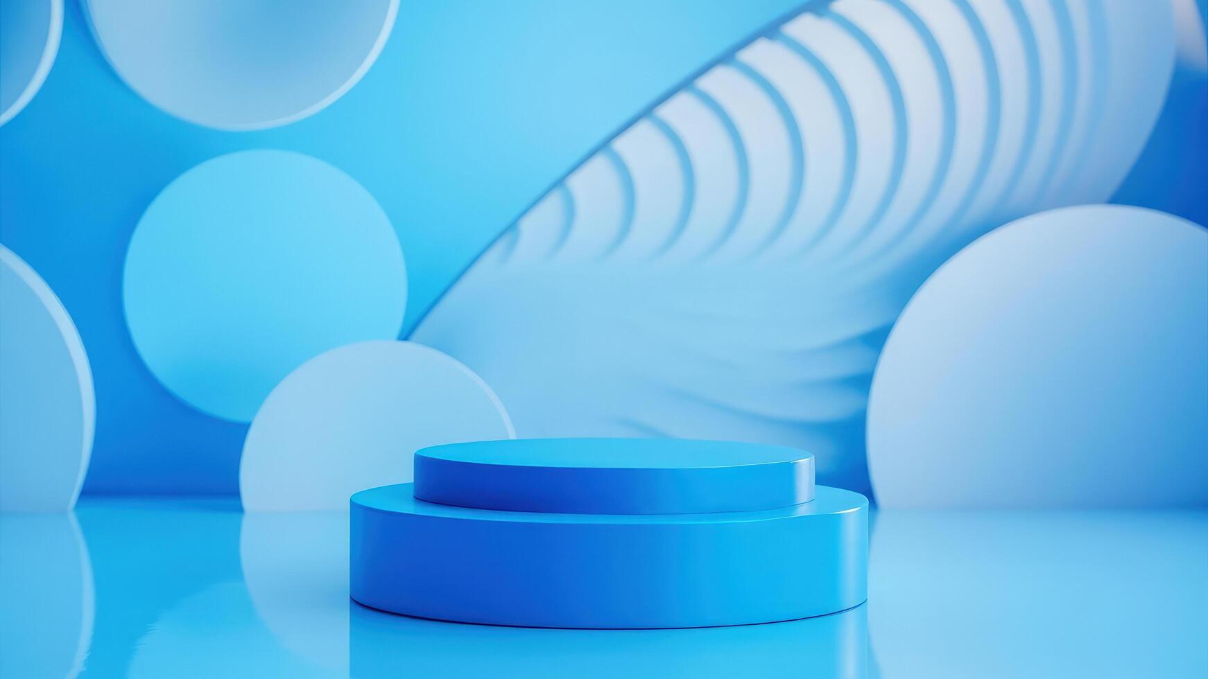 Elegant minimalist blue product display podium with circular shapes and modern design photo