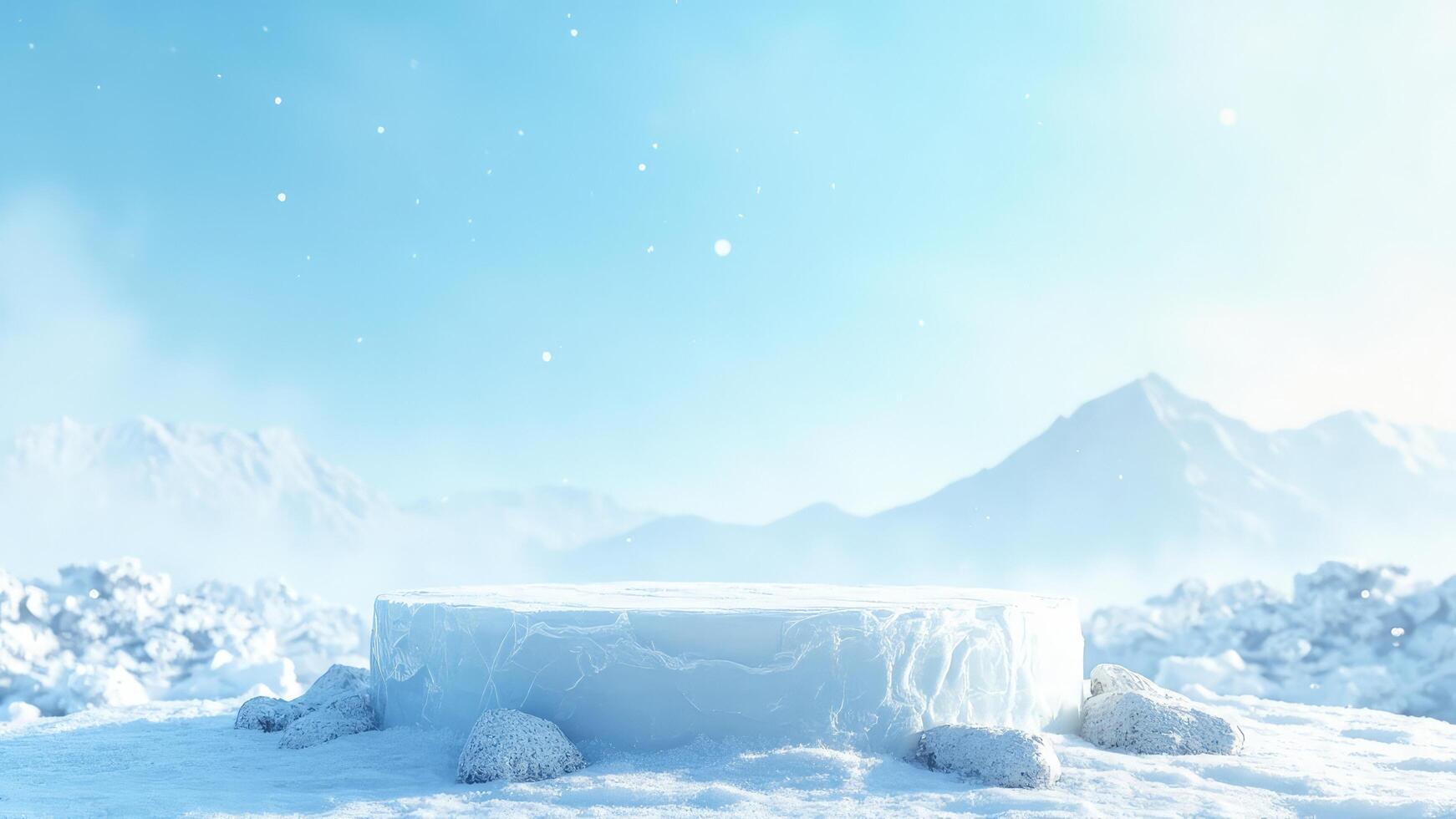 Winter scene featuring a frosted ice podium for product display and snowy mountain landscape background photo
