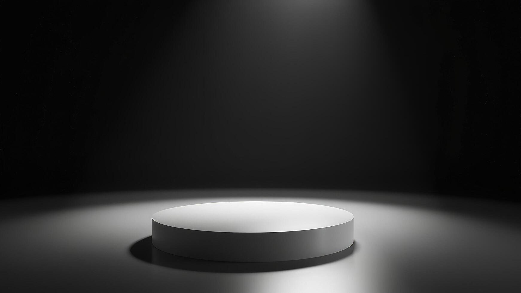 Minimalist 3d render of a white cylindrical podium illuminated in a dark studio environment photo