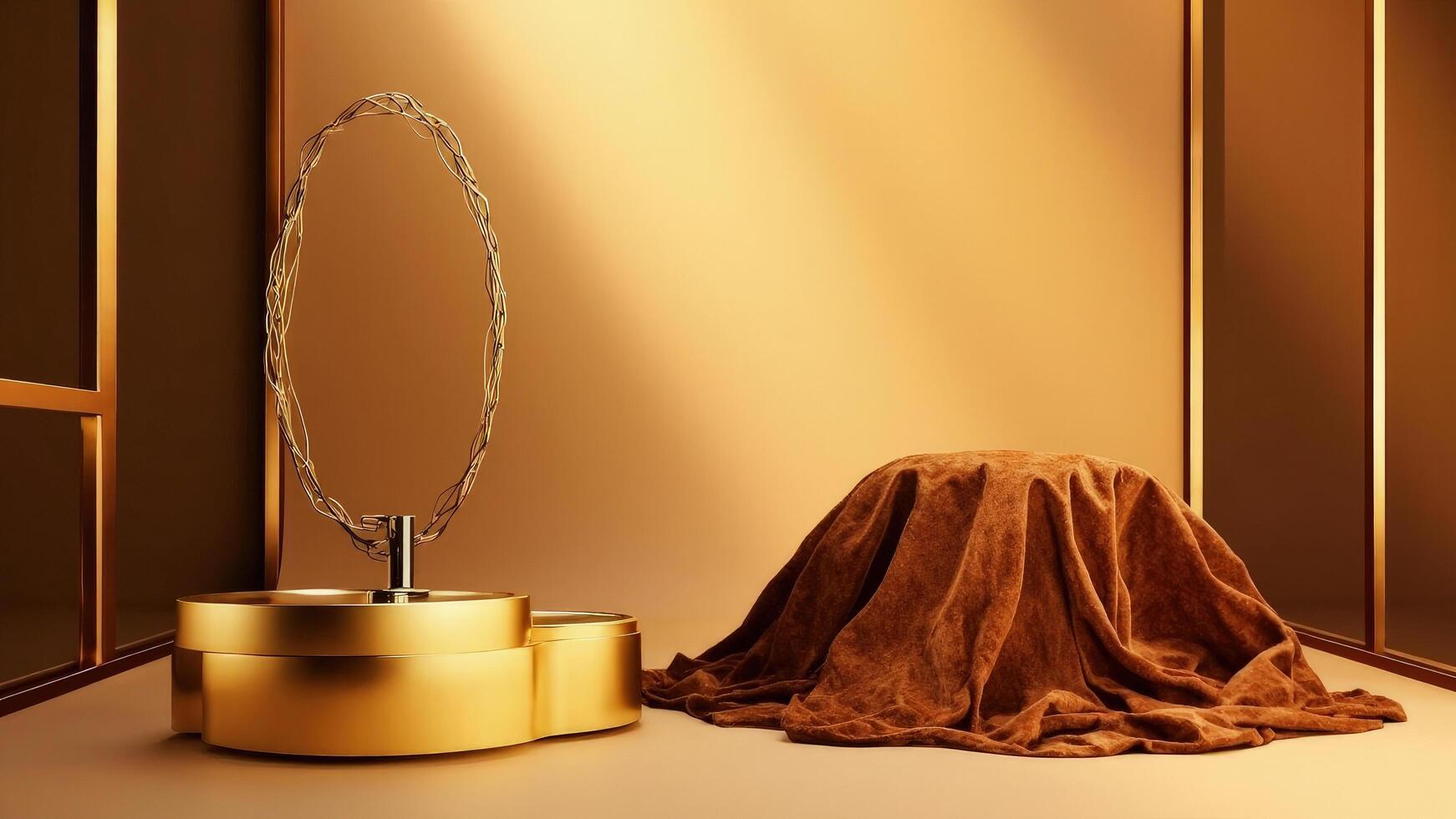 Elegant golden display with oval wire frame and velvet cloth for product presentation and background photo