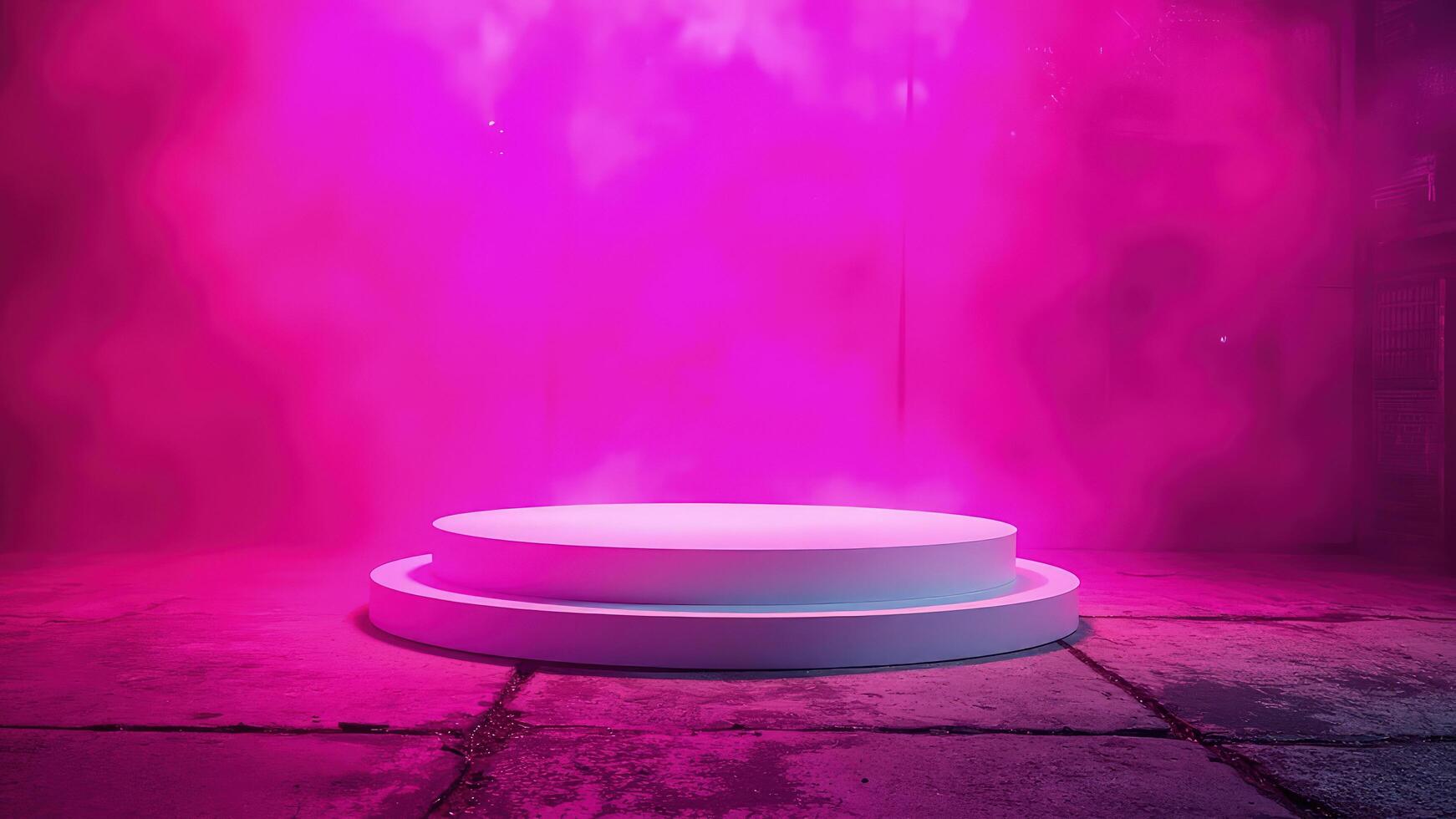 Empty round stage illuminated by vibrant pink lights with a smokey atmosphere for product presentation photo