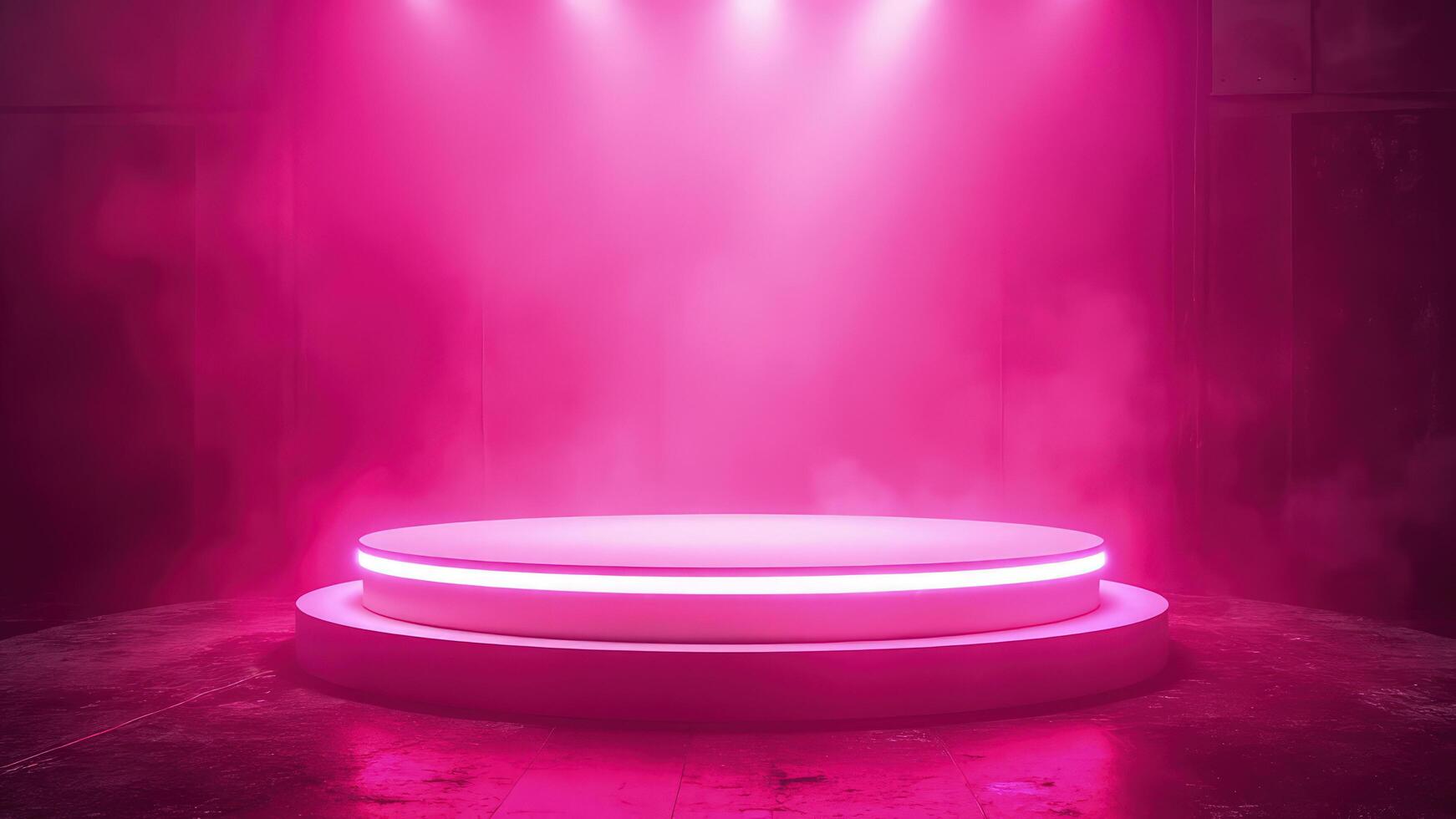 Modern illuminated pink stage with fog and spotlights for product display or presentation backgrounds photo