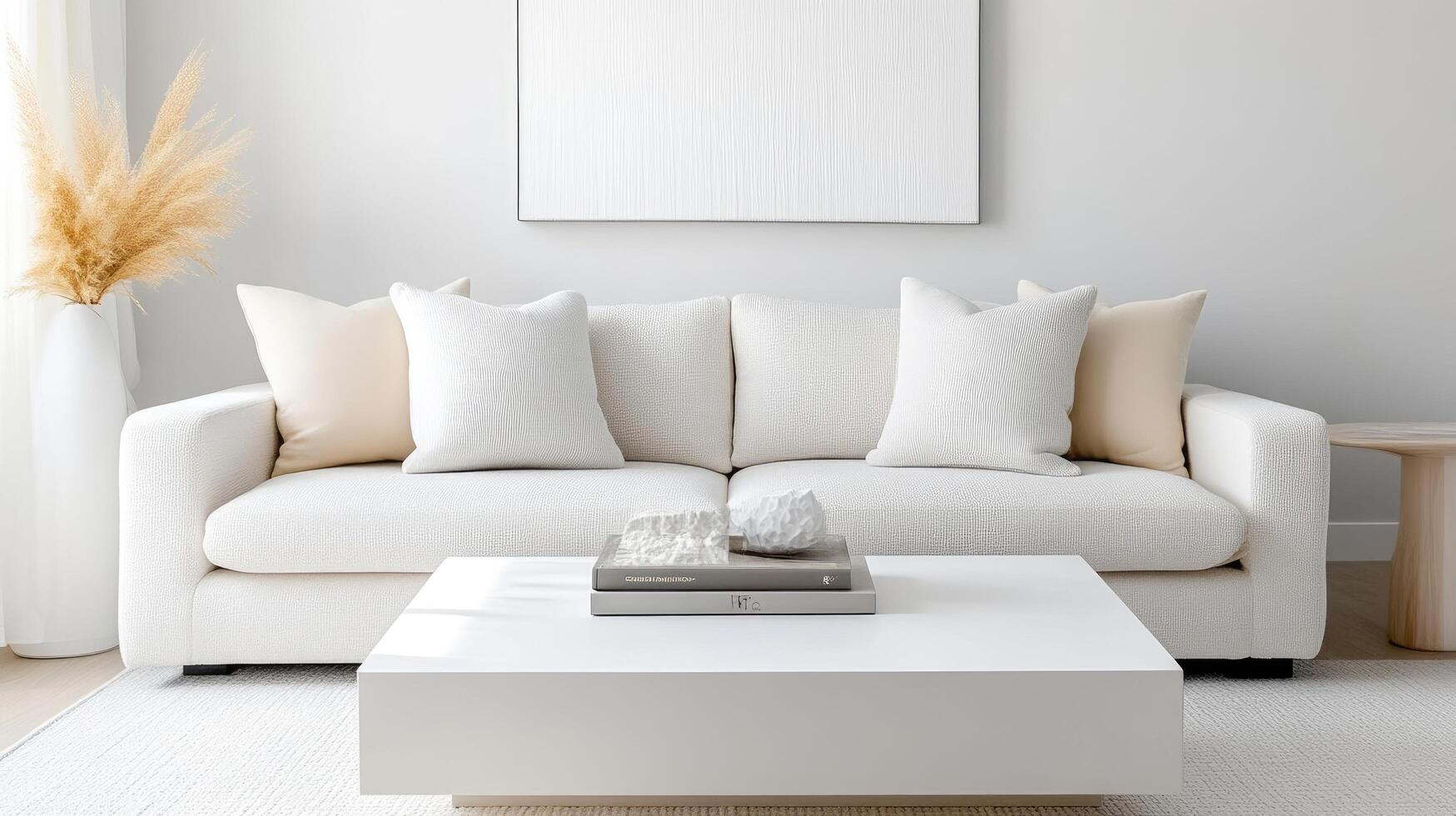 White Sofa with Pillows and Books Minimalist Modern Style HighcResolution Lighting Wide Shot Neutral Textures Relaxing Atmosphere White Room Background Calm Serene Mood Ideal for Home Decor Ads photo