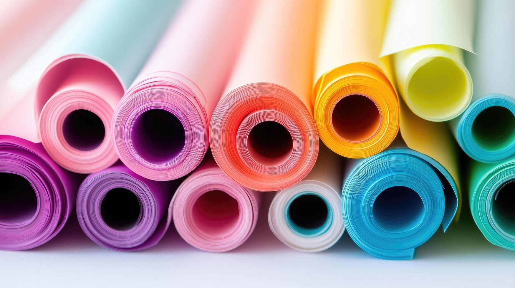 Colorful rolls of paper in various pastel hues. Rolled sheets of vibrant paper for craft projects, stationery, or gift wrapping. Closecup view of the different colors photo