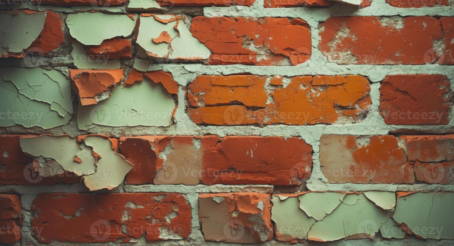 A close up of a brick wall with peeling paint photo
