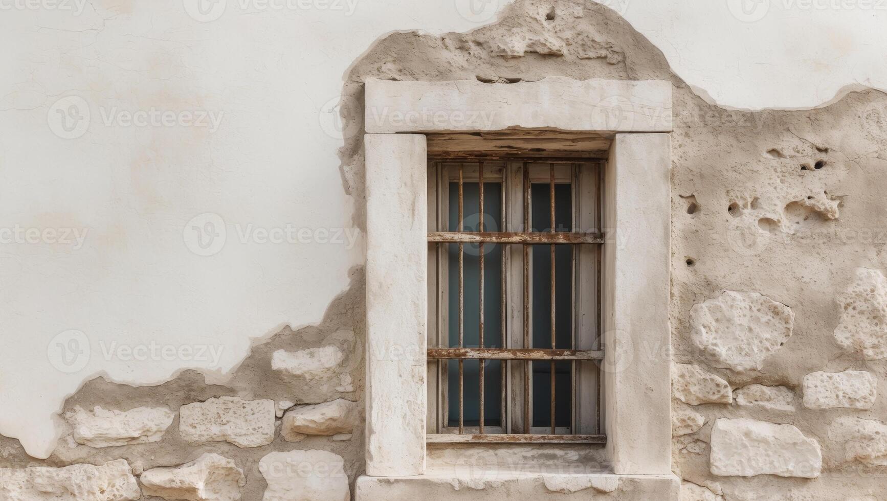 An old window with a wooden frame on a wall photo