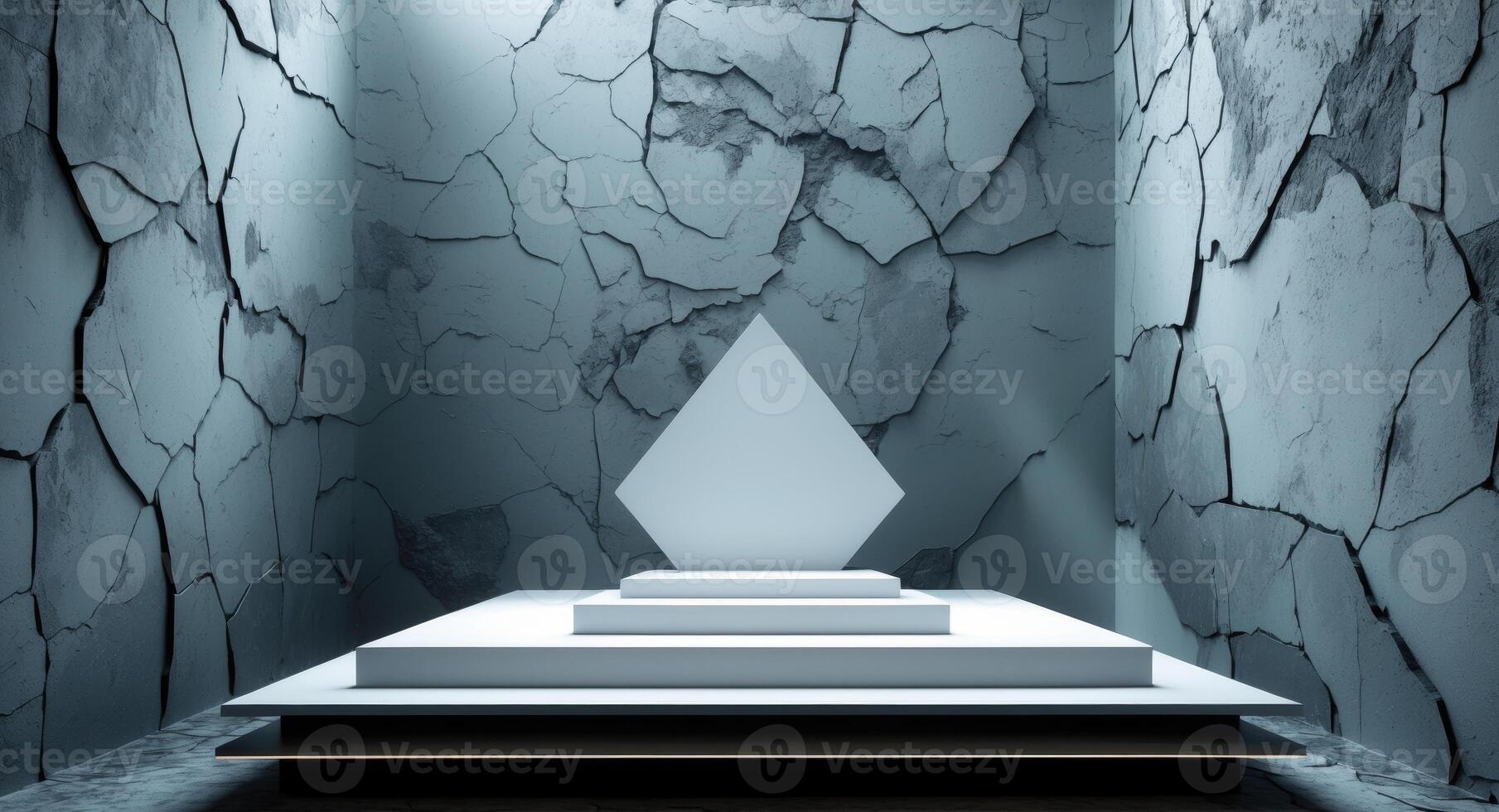 A white cube in a room with cracked walls photo