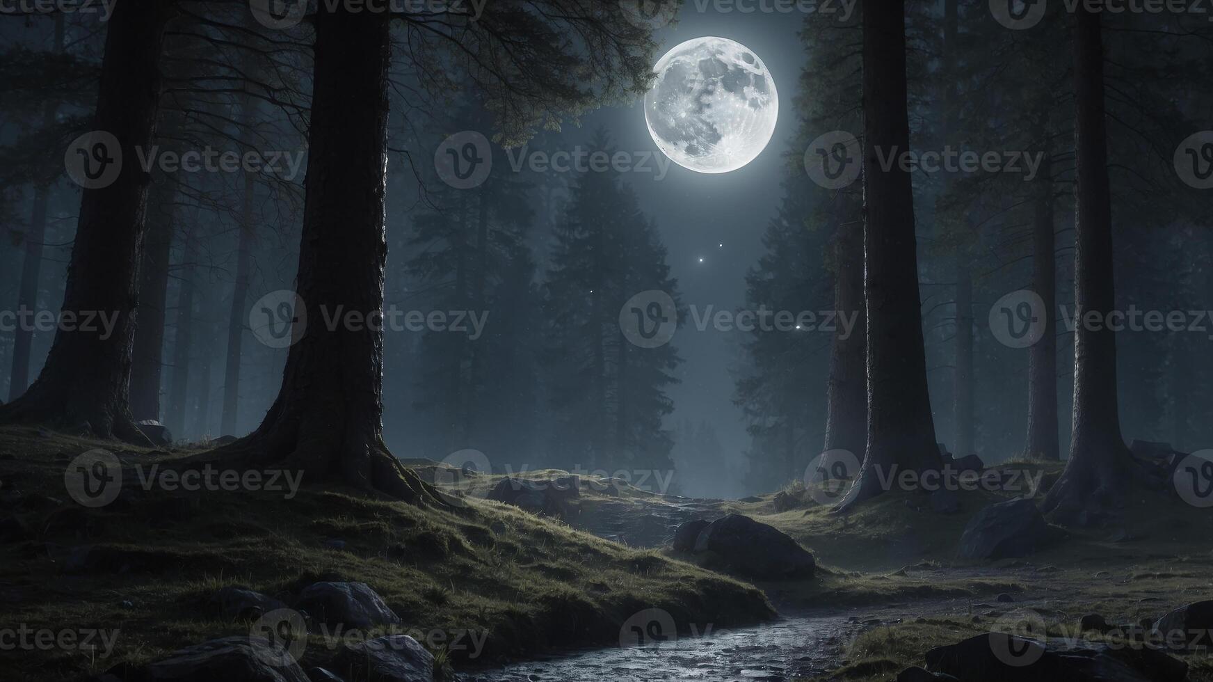 A full moon is shining over a forest at night photo