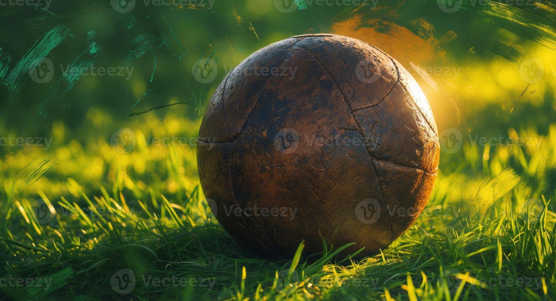 Vintage Soccer Ball Lying on Green Grass with Sunlight, Rustic and Nostalgic Sport Vibe photo