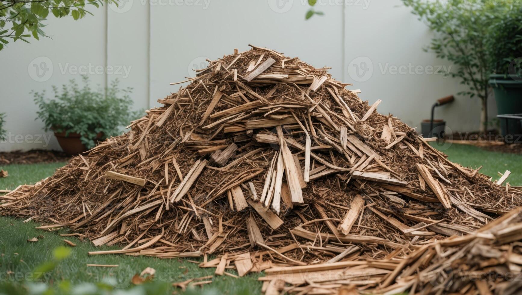 A pile of wood chips in a backyard photo