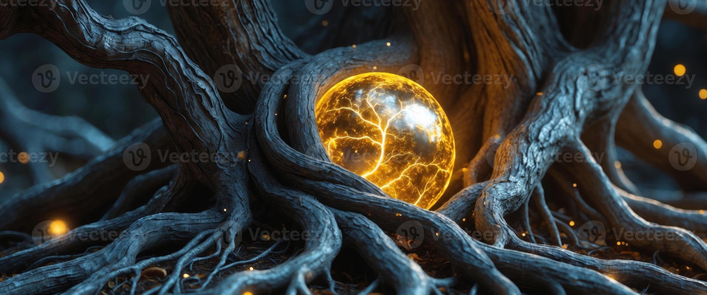 A glowing orb is sitting in the roots of a tree photo