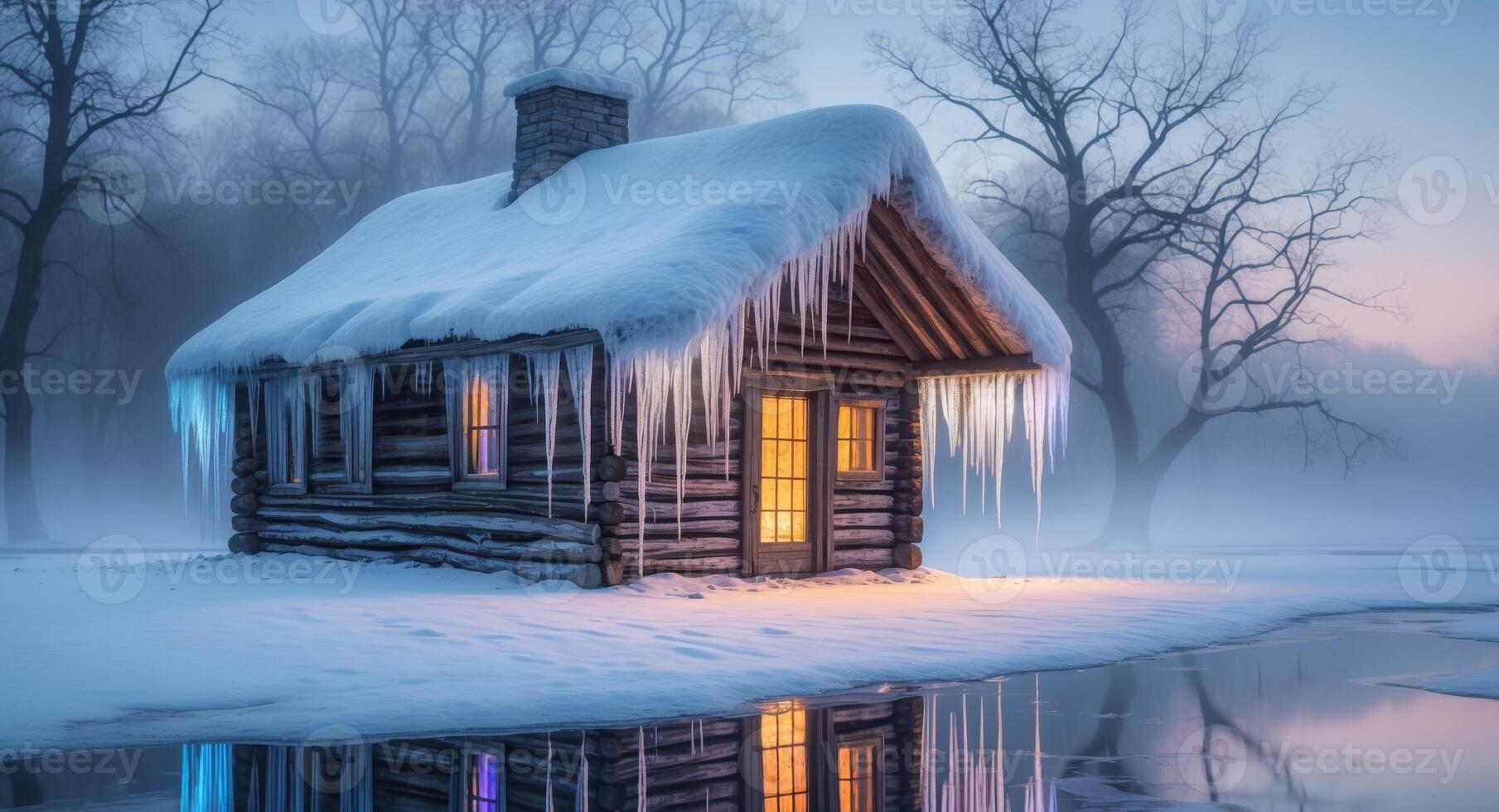 A small cabin in the snow with icicles hanging from the roof photo