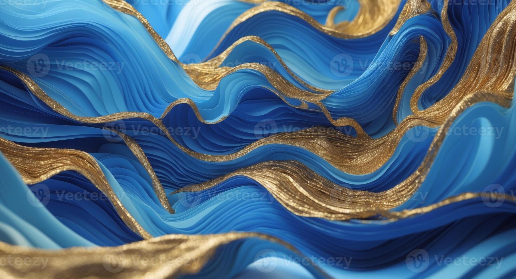 A blue and gold fabric with waves photo