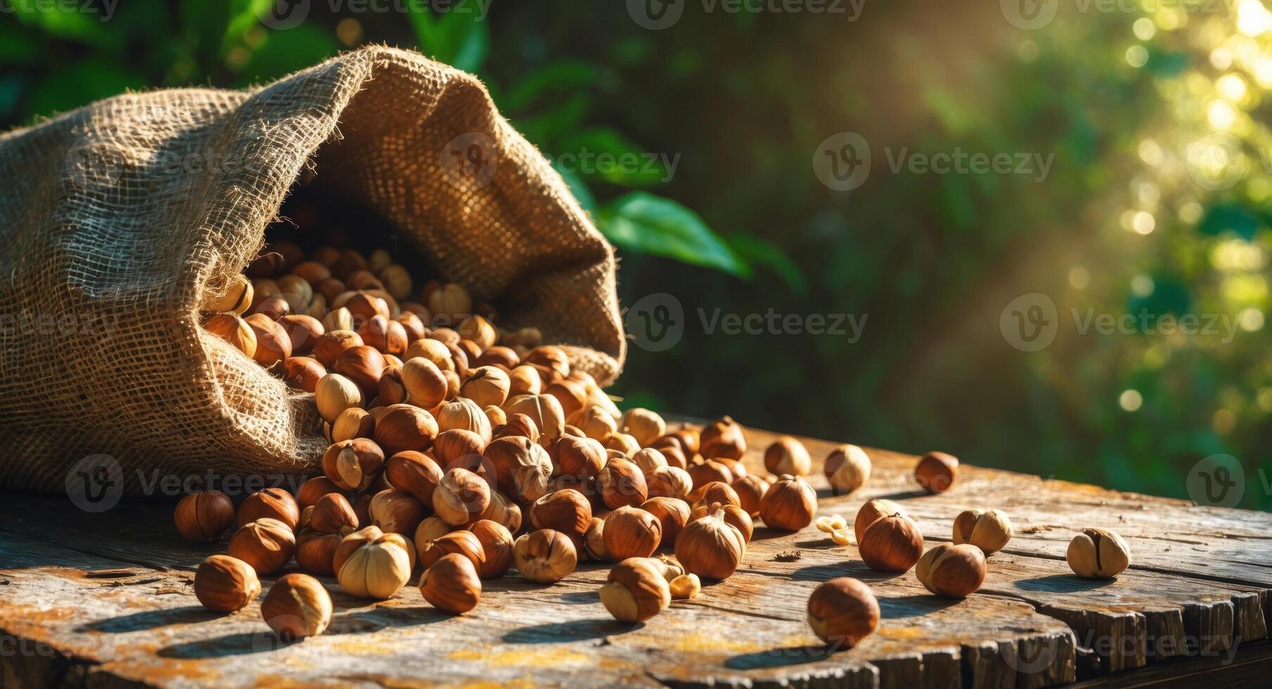 Nutty hazelnuts in a sack on a wooden table photo