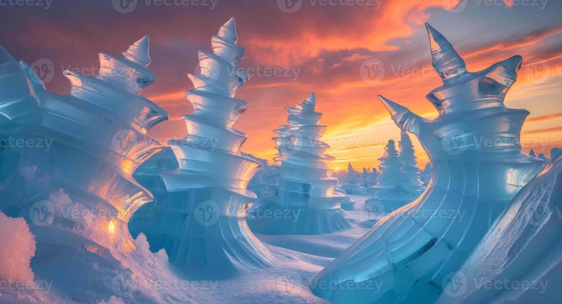 The sun sets over a snow landscape with ice sculptures photo