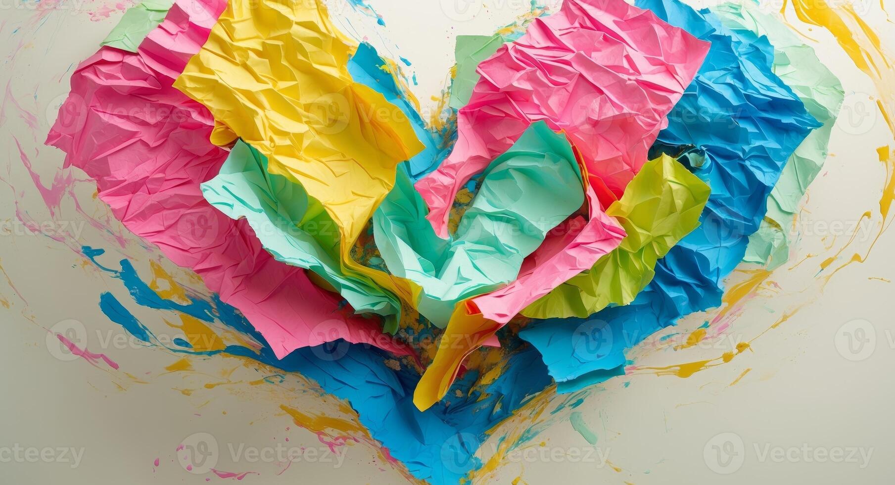A heart made of crumpled paper with colorful paper photo