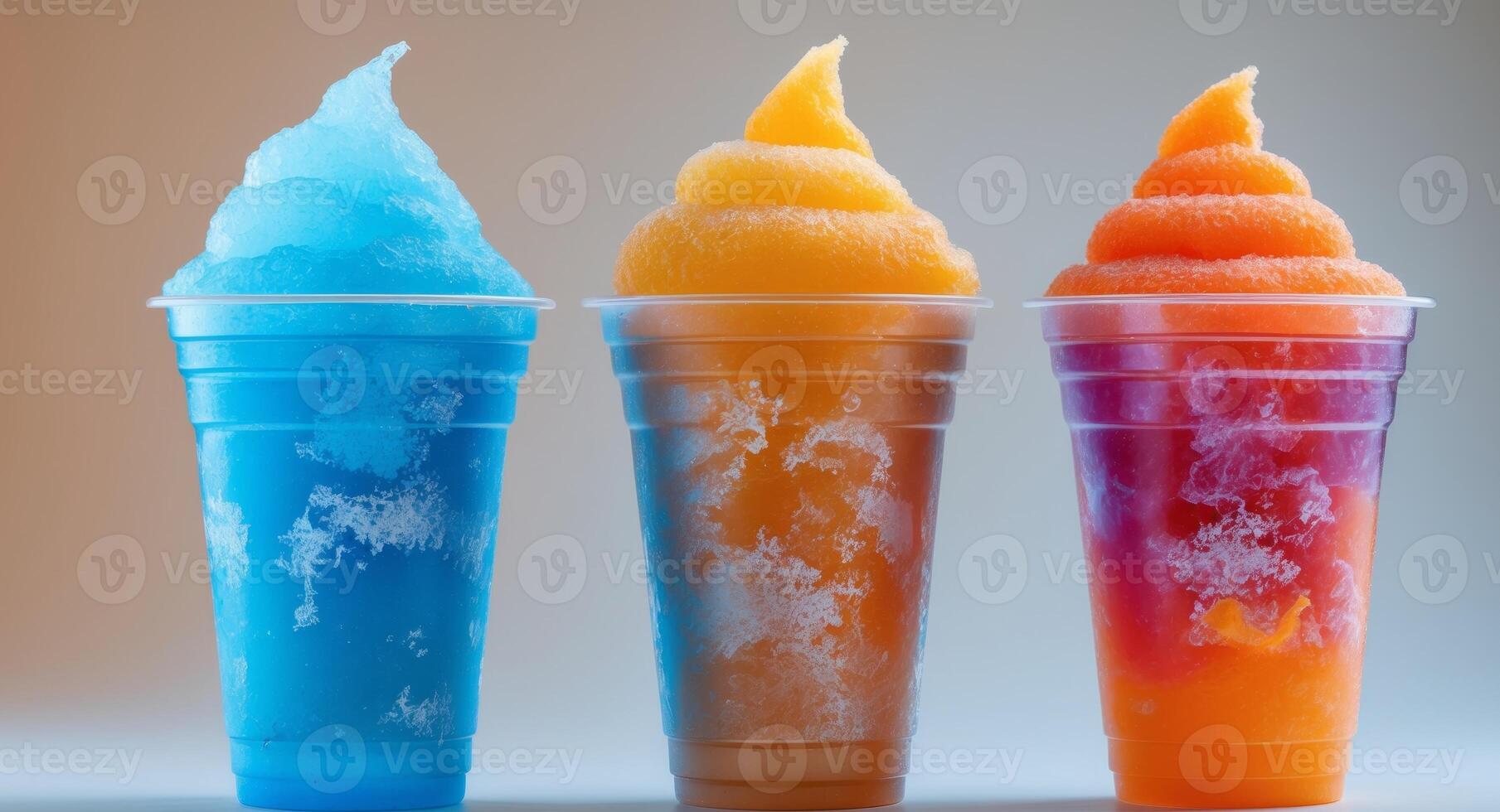 Three different colored ice cream in plastic cups photo