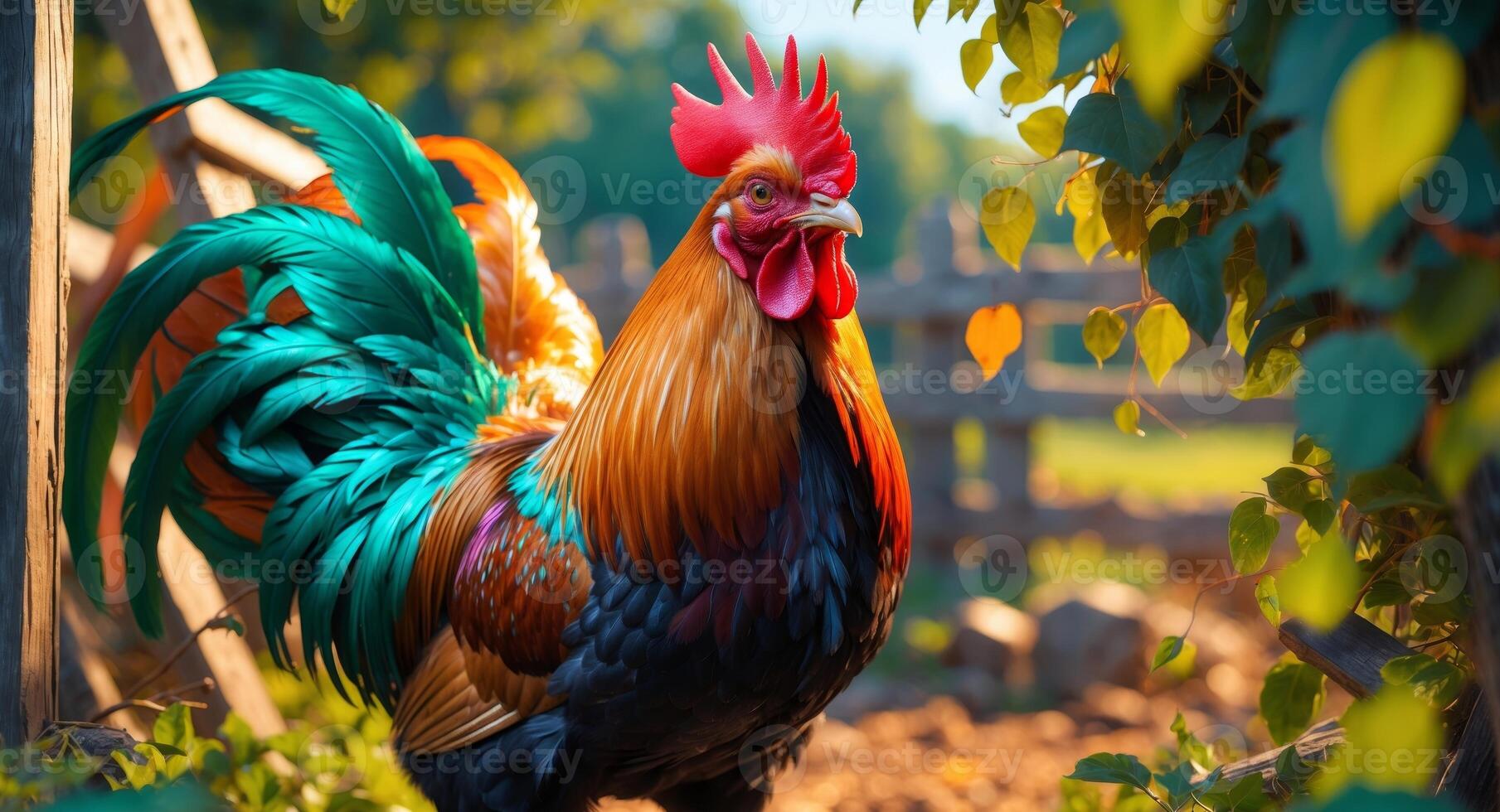 A rooster with colorful feathers standing in the grass photo