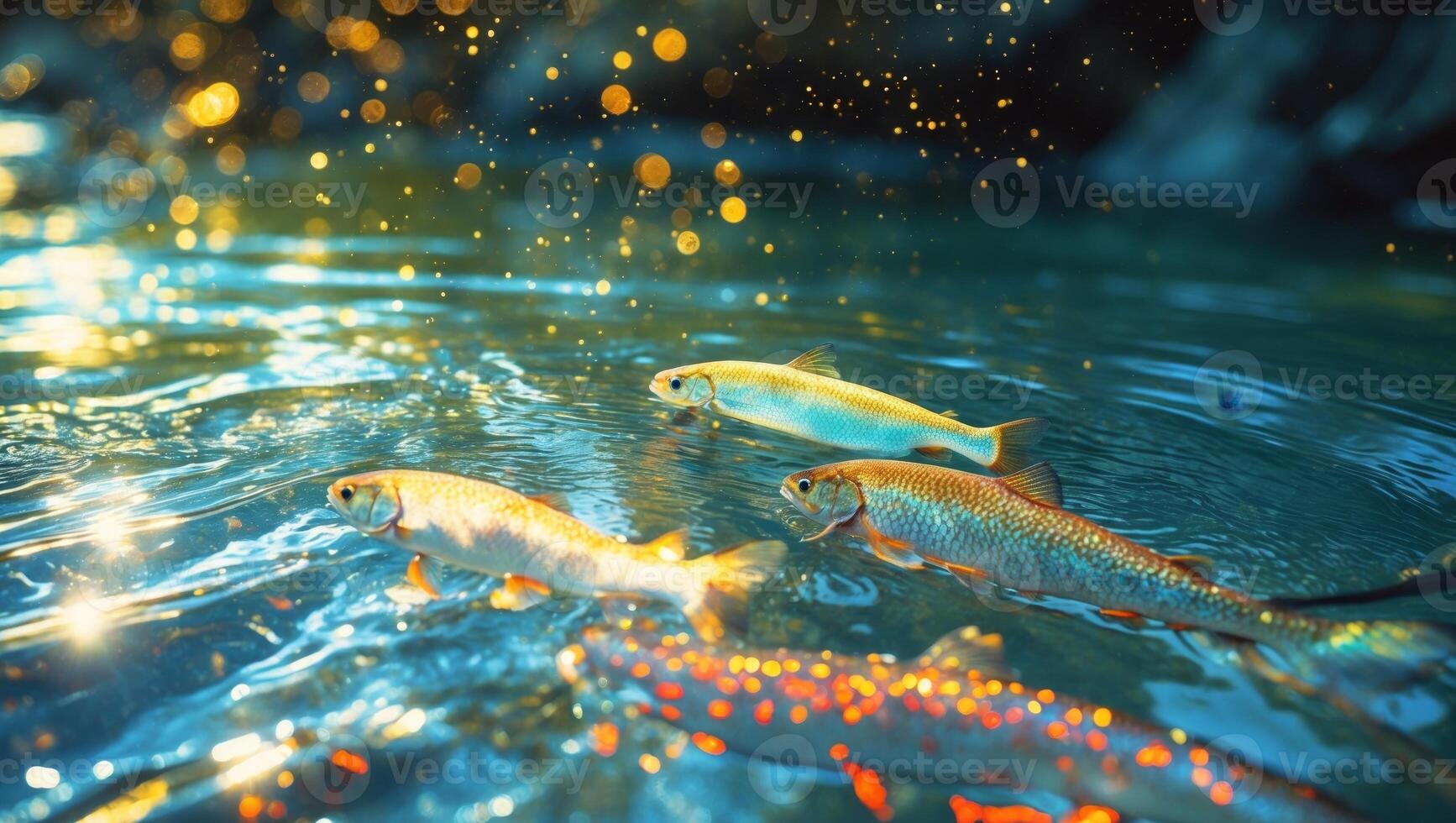 Fish swimming in the water with sunlight shining on them photo