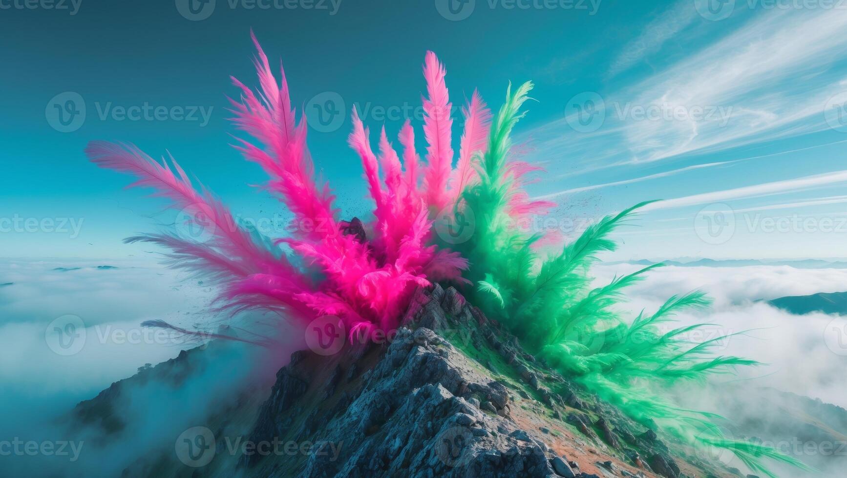 Colorful feathers are flying in the air above a mountain photo