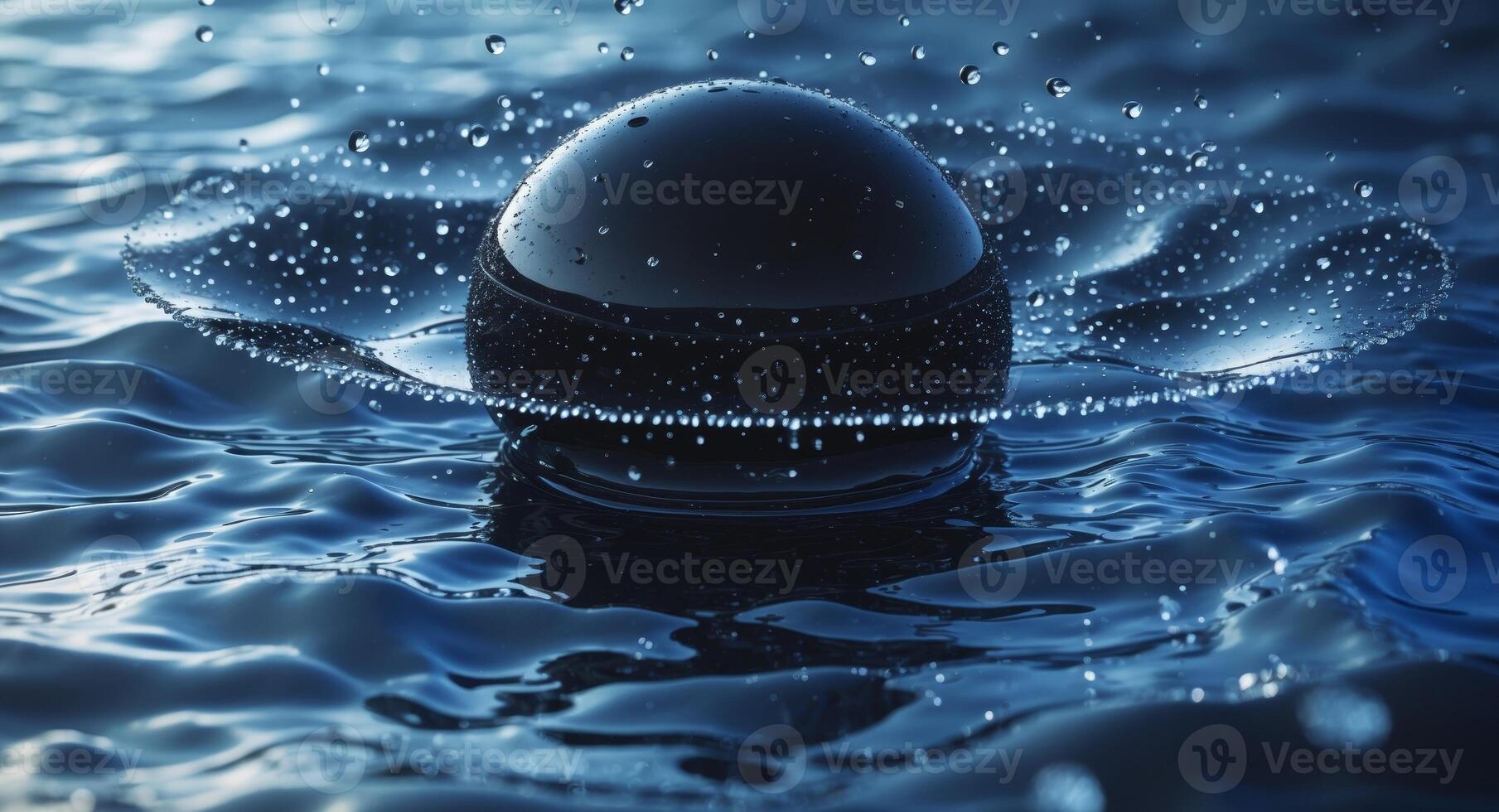 A black egg sitting in water with drops of water photo