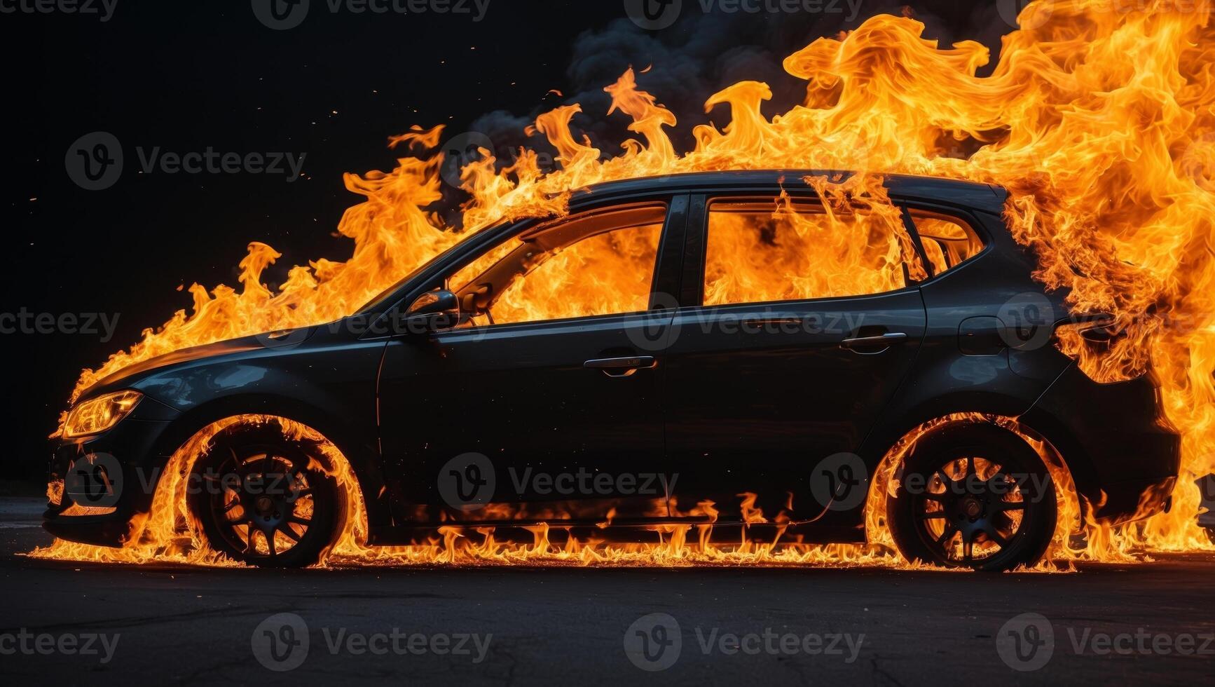 A car is on fire in the dark photo