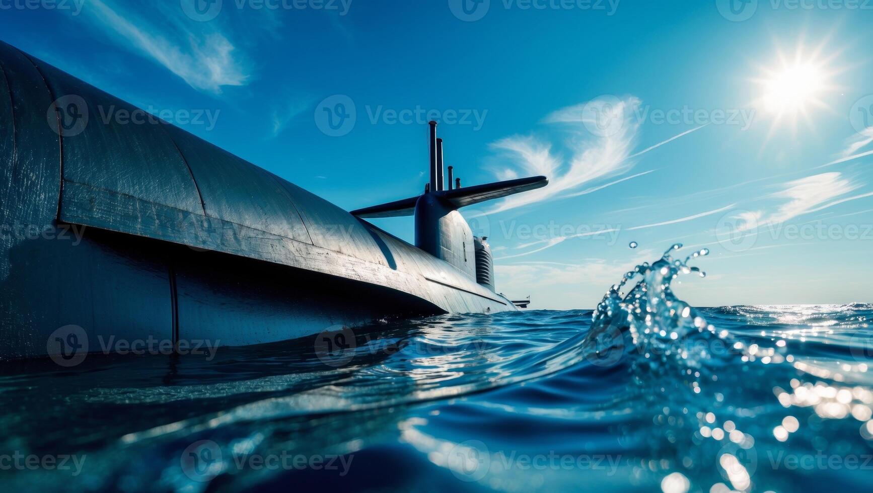 A submarine in the ocean with the sun shining photo