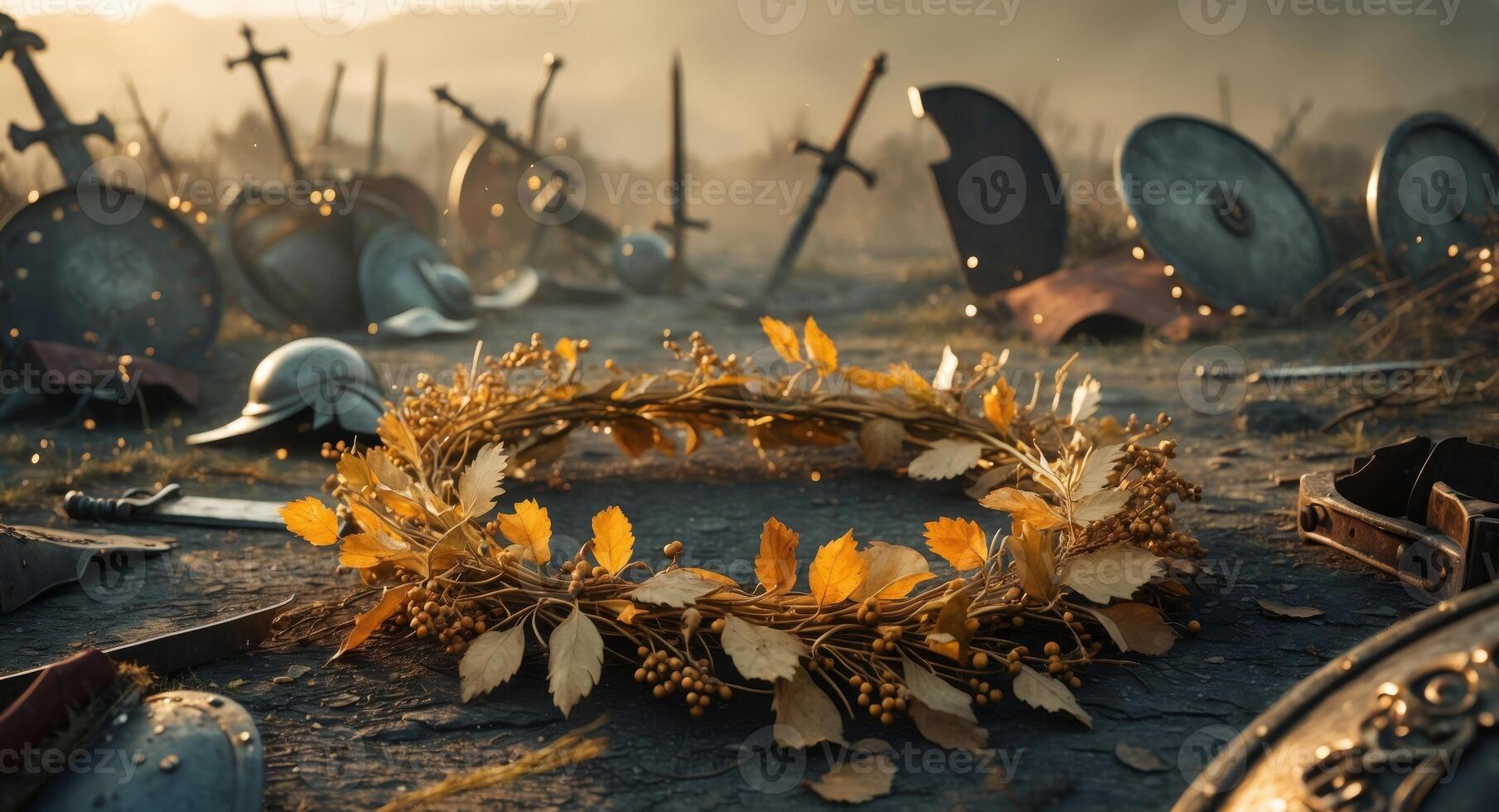 A wreath of golden leaves is surrounded by swords and shields photo