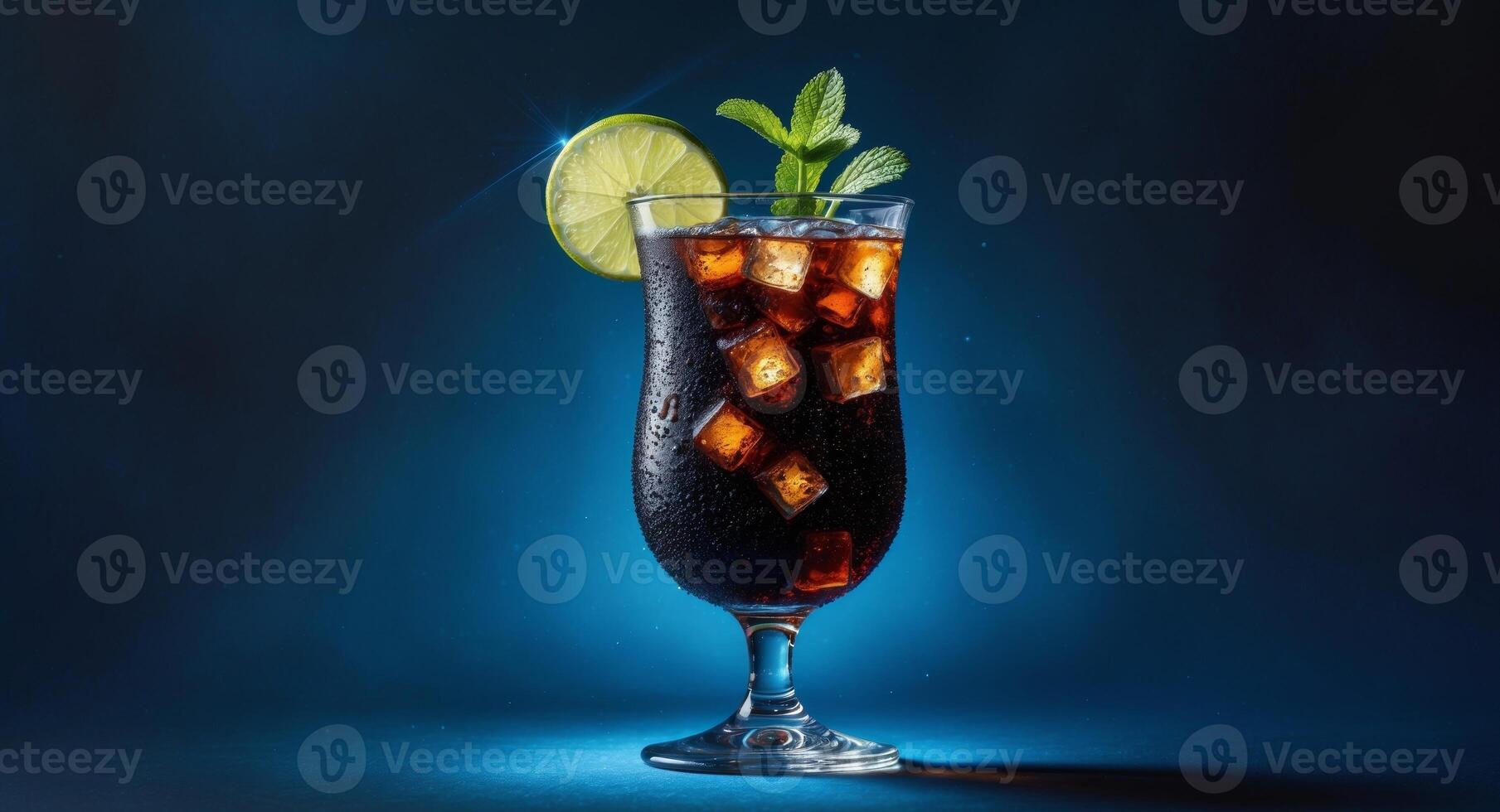 Refreshing Cuba Libre Cocktail with Lime and Mint on a Dramatic Blue Backdrop photo