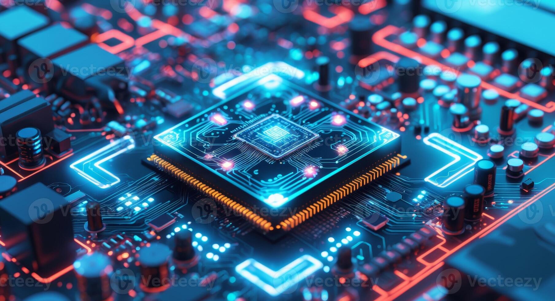 Futuristic Circuit Board. A CloseUp View of Advanced Microchip Technology, Innovation. photo