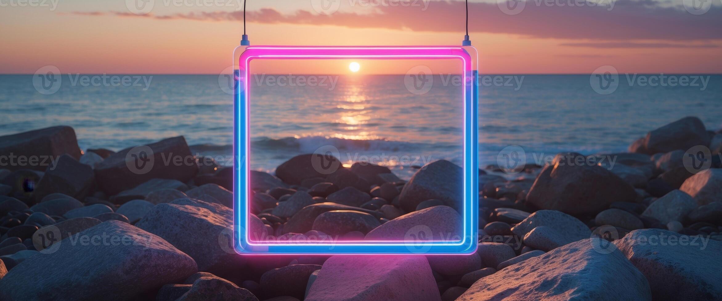 A neon sign on a rock with the sun setting in the background photo