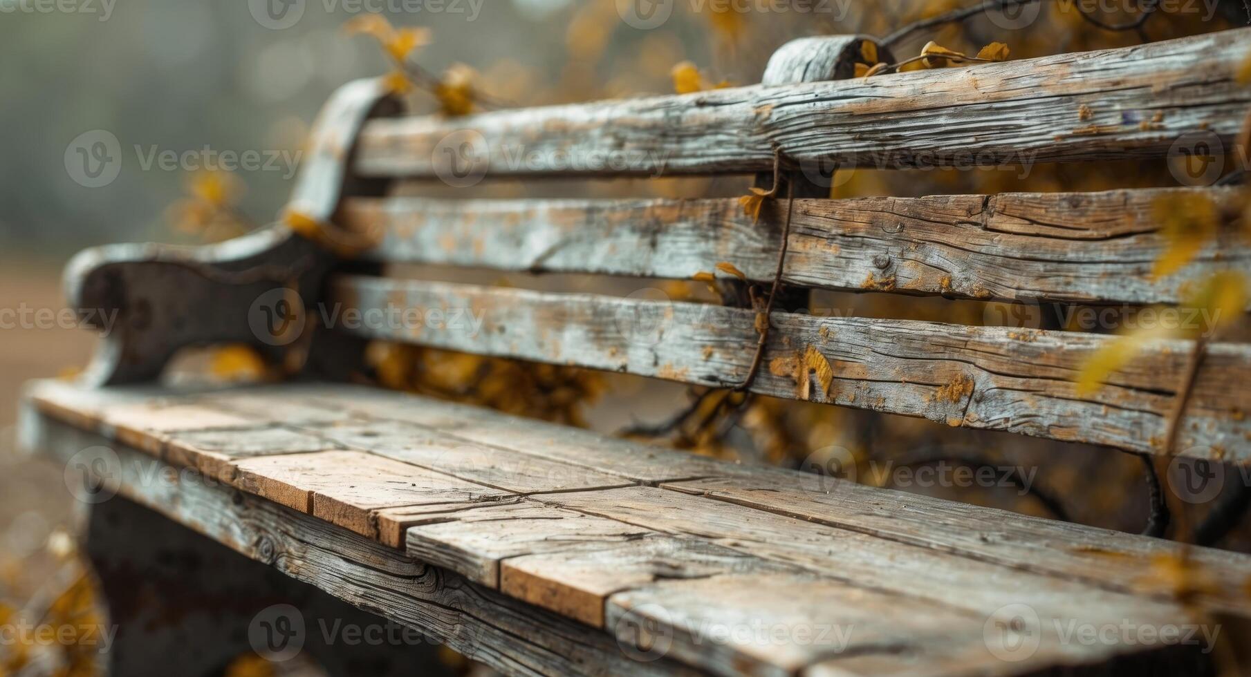 Weathered Wooden Park Bench with Autumn Vines, Offering a Moment of Solitude photo