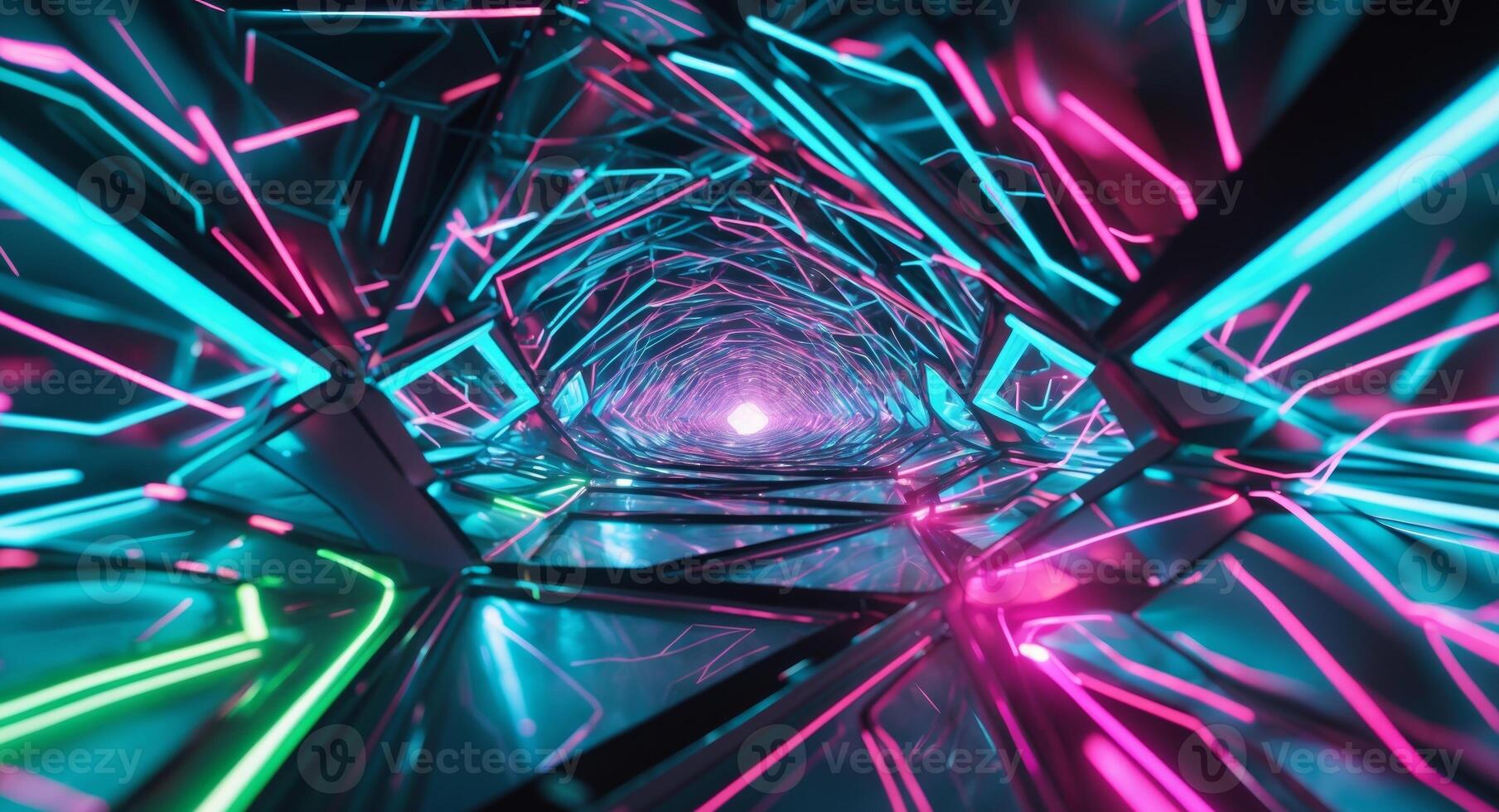 Abstract Neon Tunnel with Cyan, Pink, and Green Lights Leading to a Distant Light photo