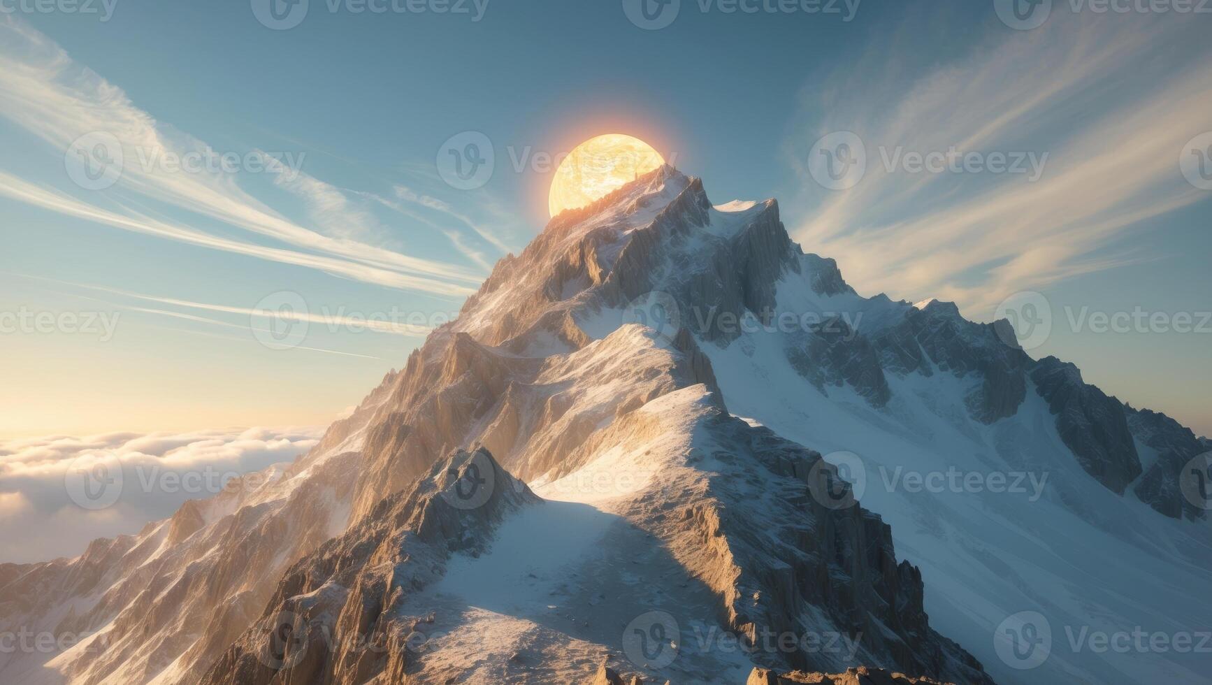 A mountain with a sun rising above it photo