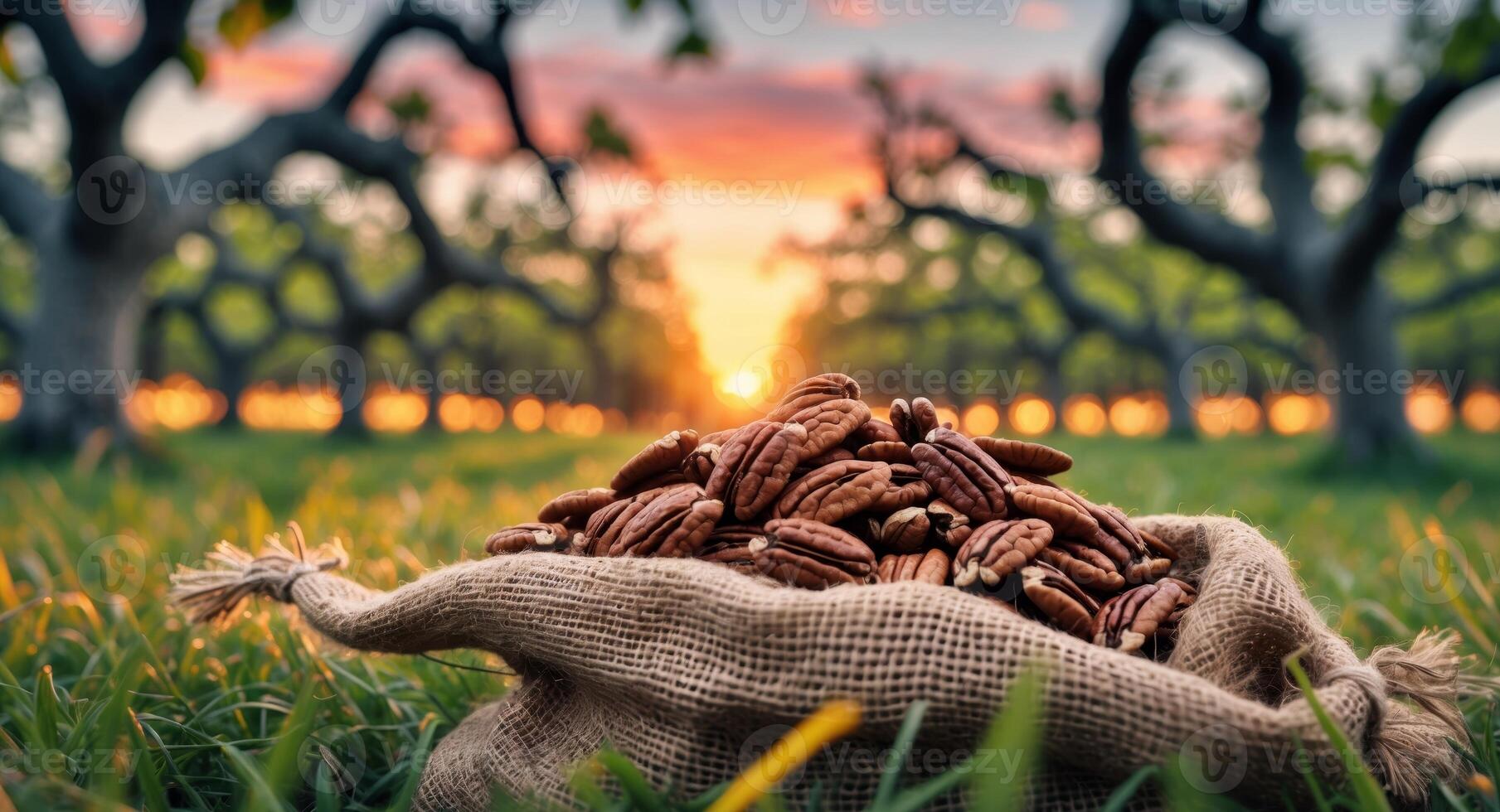 Peanuts in a sack on the grass at sunset photo