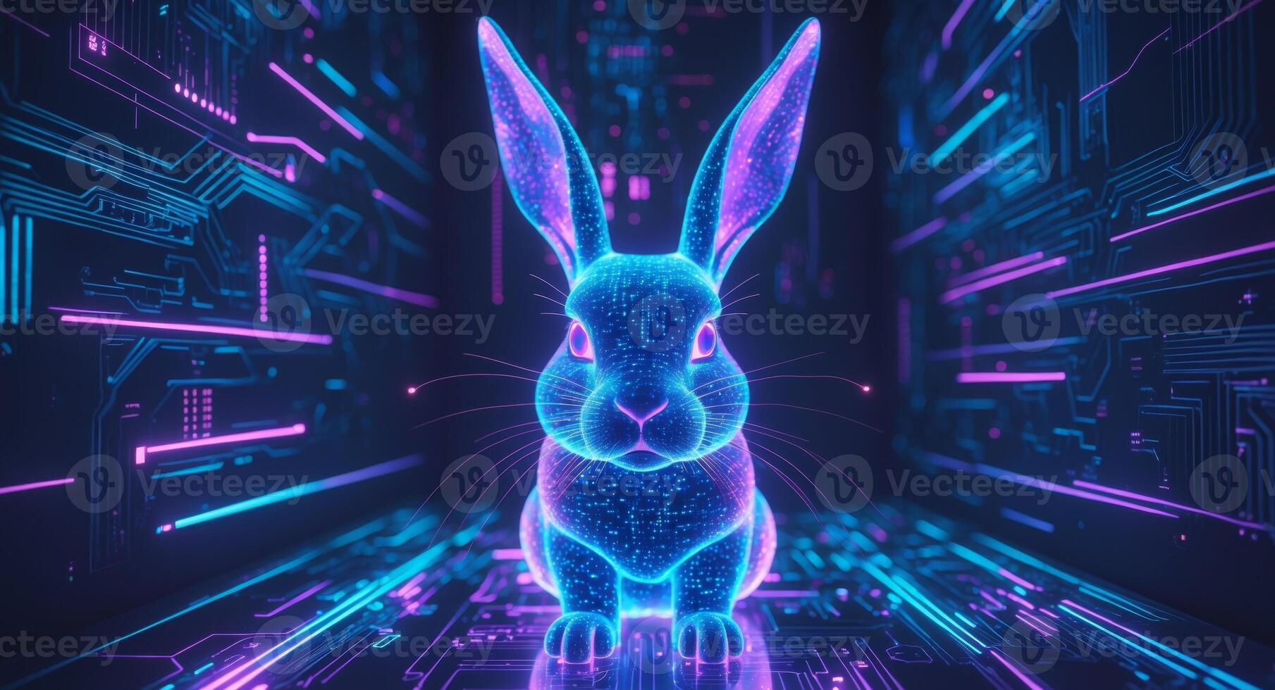 A rabbit in a futuristic background with neon lights photo