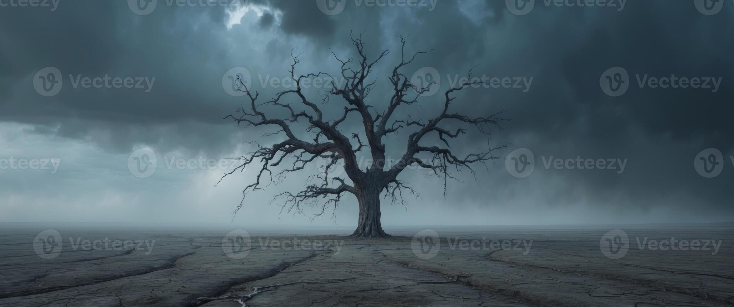 A tree stands alone in a field under a stormy sky photo