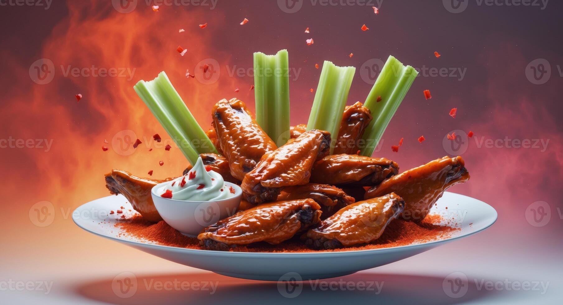 A plate of wings with celery and sauce photo