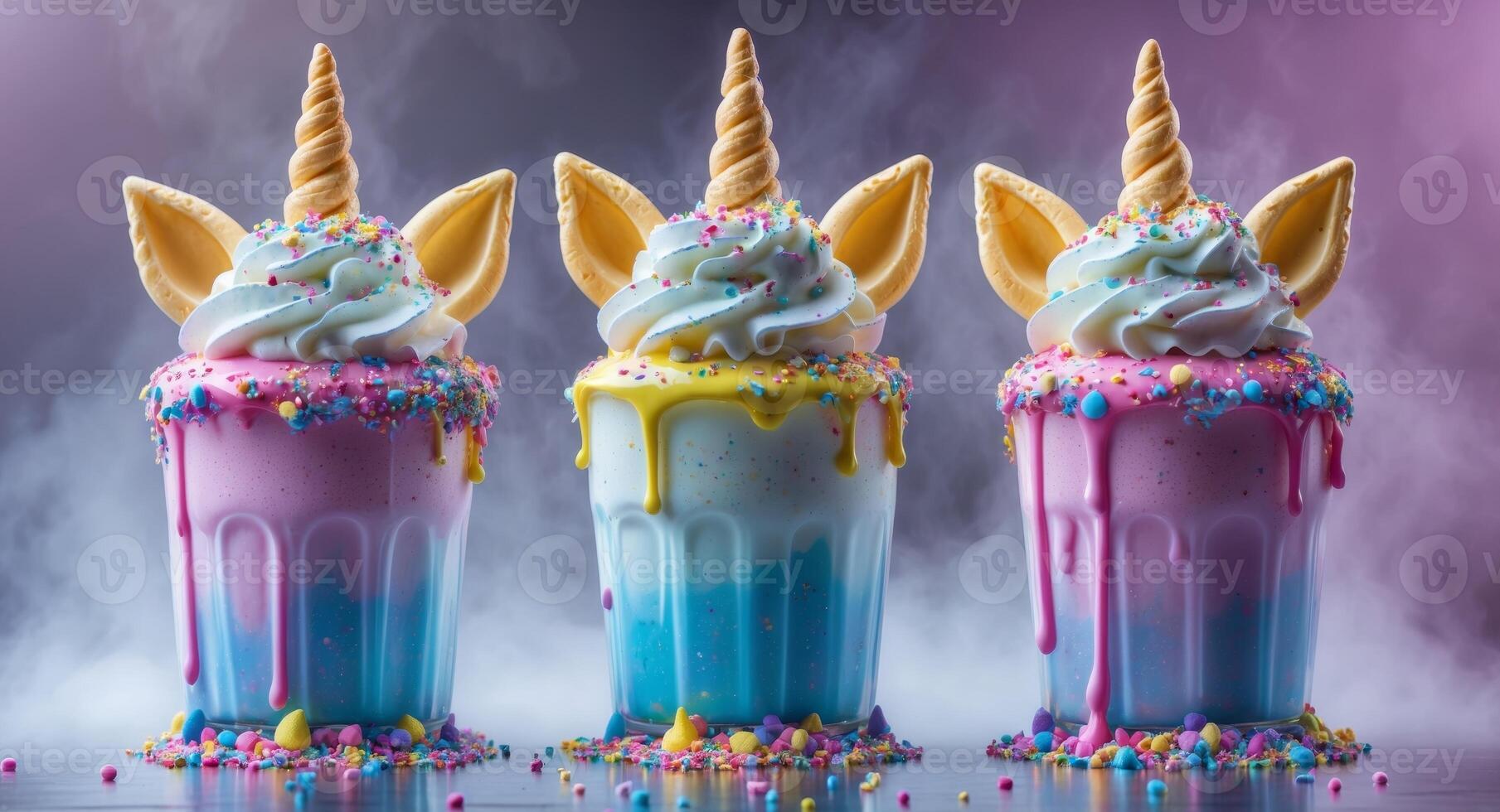 Three unicorn milkshakes with rainbow sprinkles photo